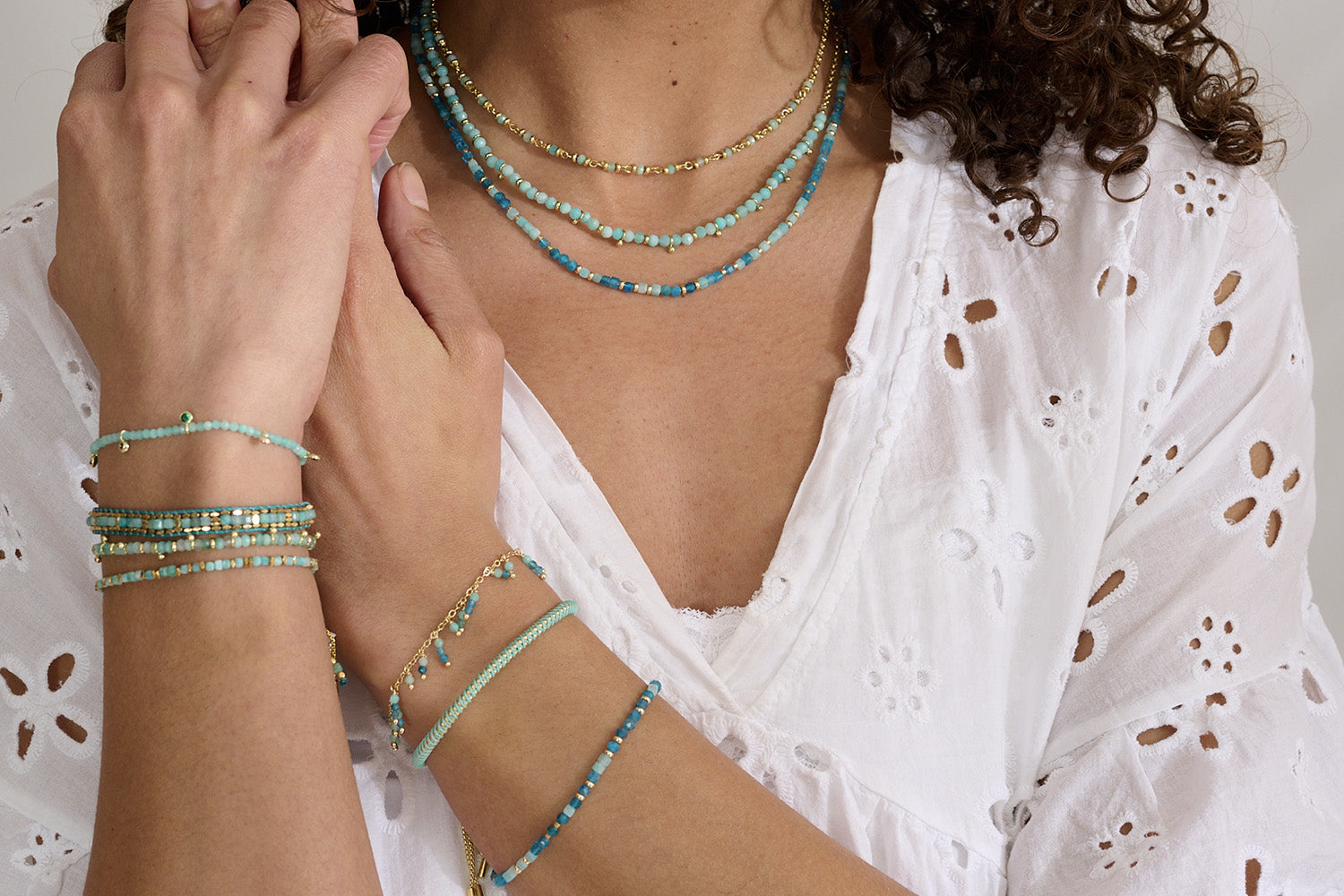 Wondrous layering with Amazonite and Apatite featuring the Allegra Necklace.