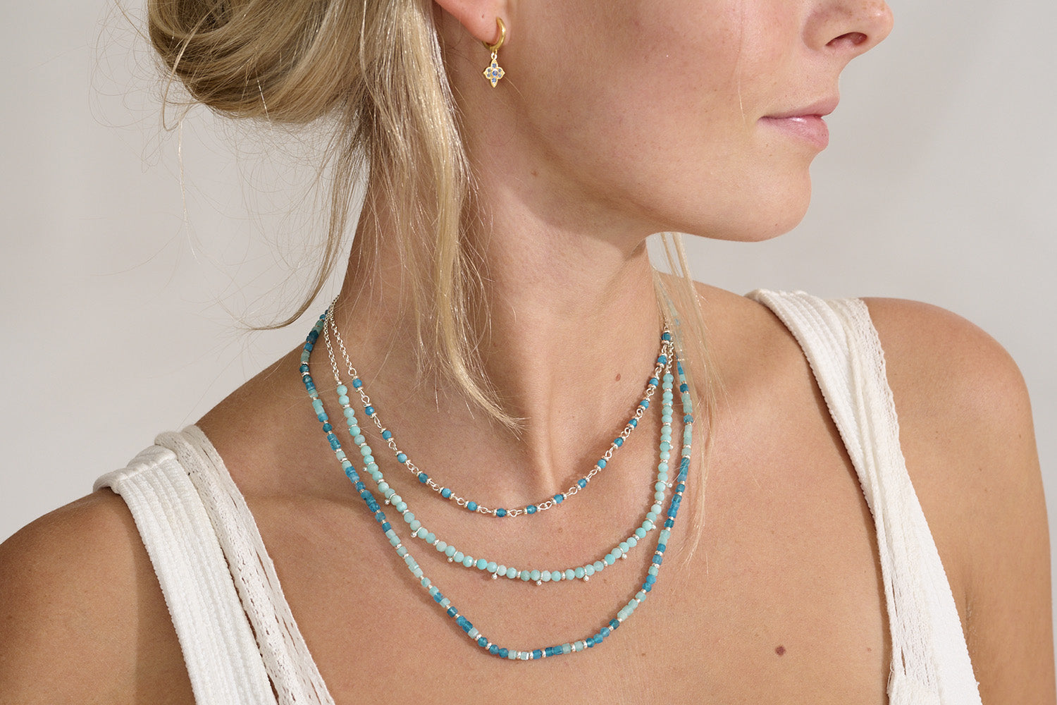 Layer up with the Allegra Amozonite & Apatite Silver Necklace for the subtle summer styling.