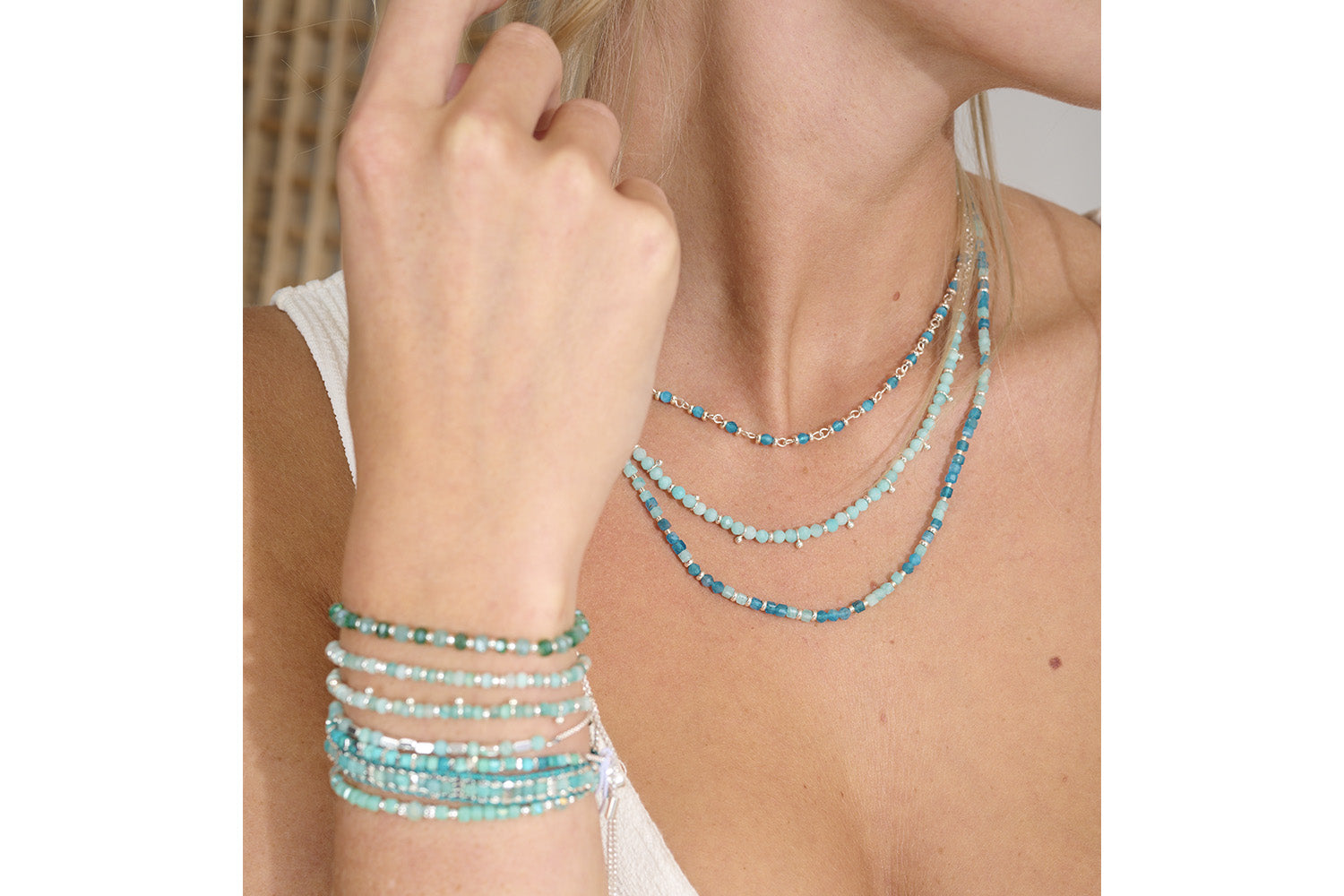 Complete your summer look with the array of Amazonite and Apatite bracelets and necklaces that are perfect for layering.