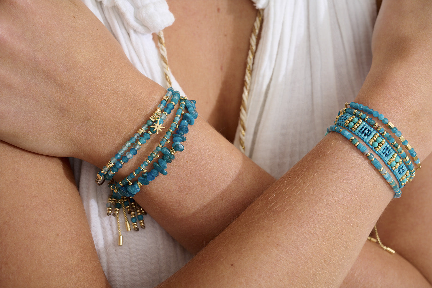 The rich tones of Apatite and Blue Topaz make the perfect addition to any bracelet arm stack.