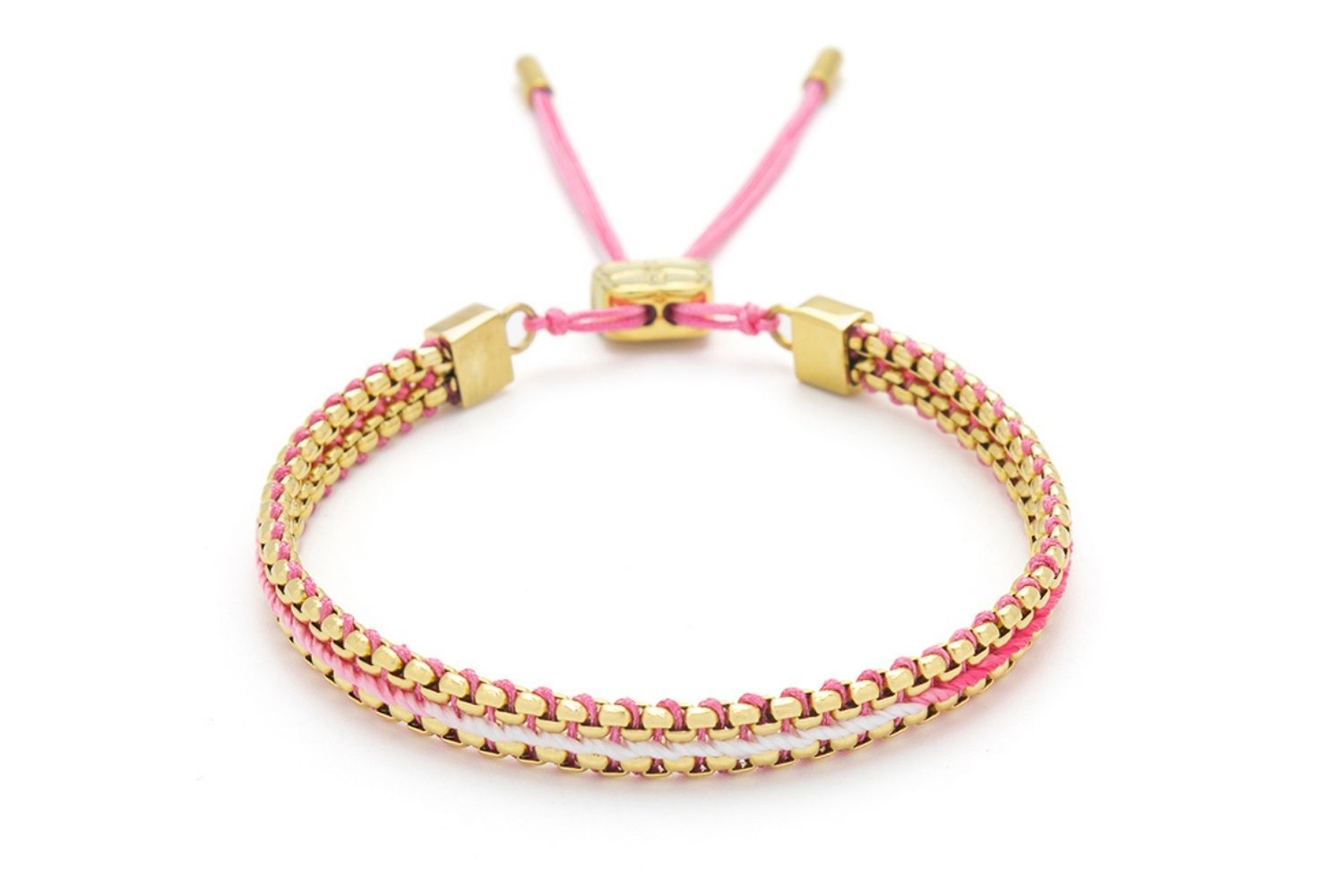 Bloom Pink Gold Braided Bracelet featuring pink ombre thread with 14k gold-plated snake chain, perfect for layering or gifting as holiday jewellery.