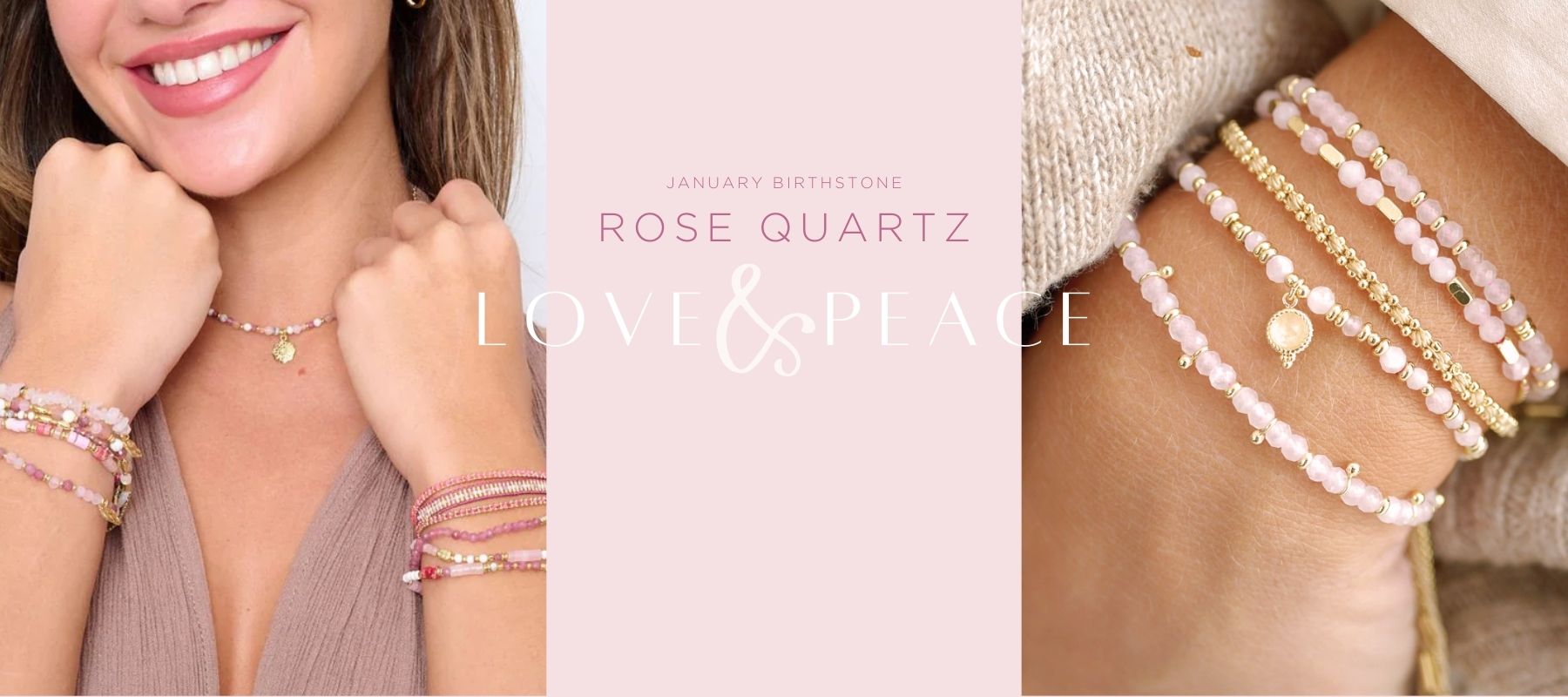 2 images of rose quartz jewellery from Boho Betty - january birthstone for love and peace