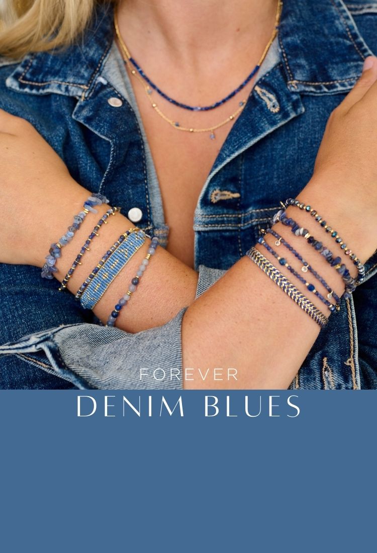 Boho Betty Blue Aventurine jewellery, featuring blue gemstone bracelets and necklaces. The image captures the soothing ocean hues and bohemian style, reflecting the gemstones' wellness properties for stress relief and emotional balance.