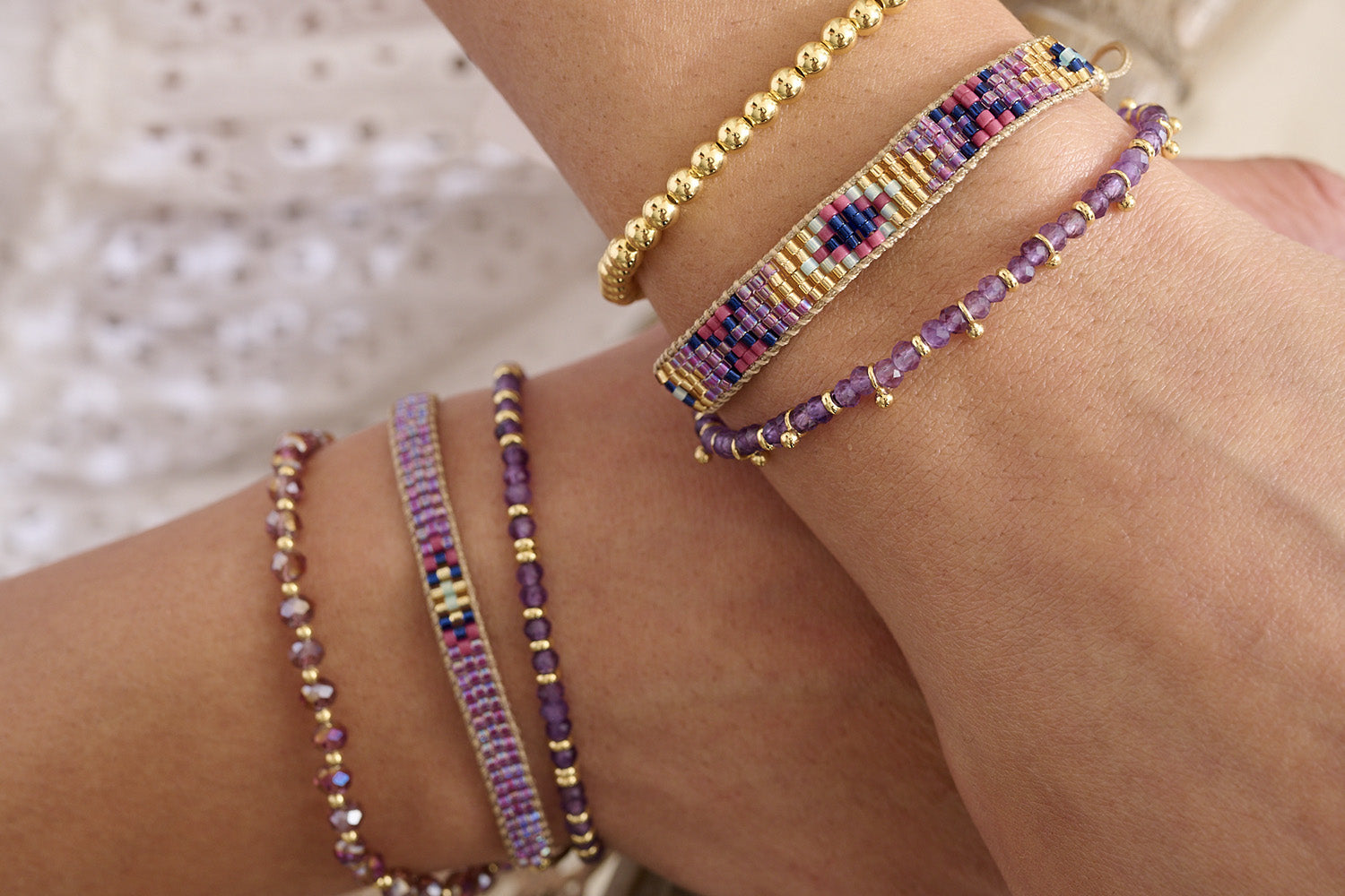 The Magic Lilac sits pretty amongst the Amethyst and purple hues of the Harmony, Jump and Prunus bracelets.