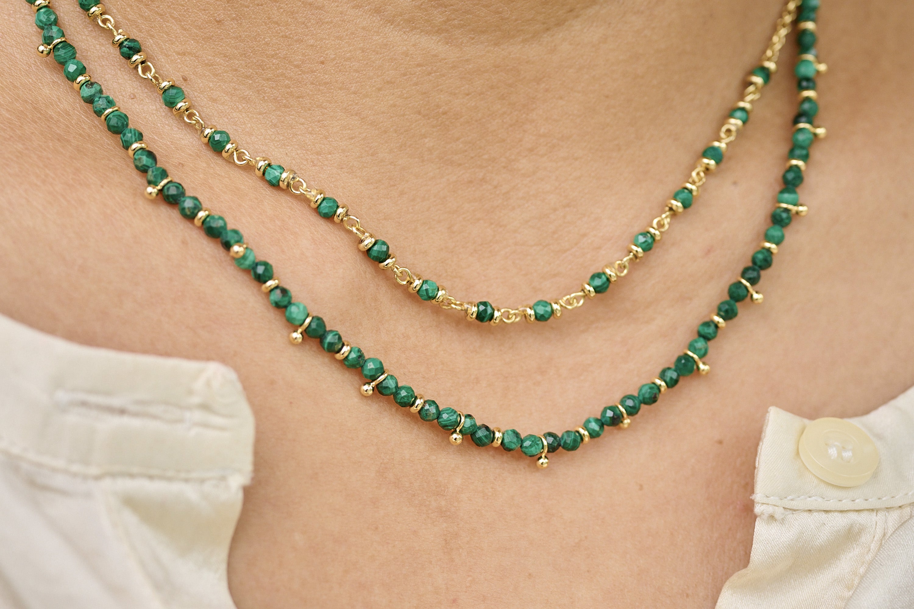 Salus Malachite Gemstone Gold Necklace layered with Panacea Malachite Gemstone Necklace- Boho Betty