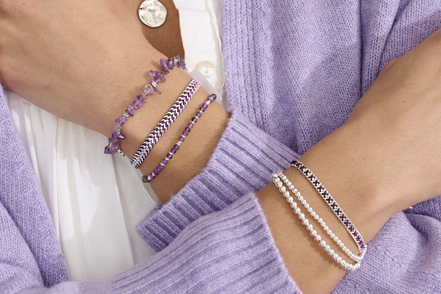 Bring shimming silver style to your purple toned bracelet stacks.