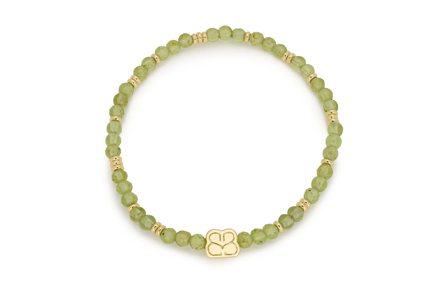 Boho Betty Peridot Bead Bracelet showcasing its vibrant green hues and gold-plated accents.