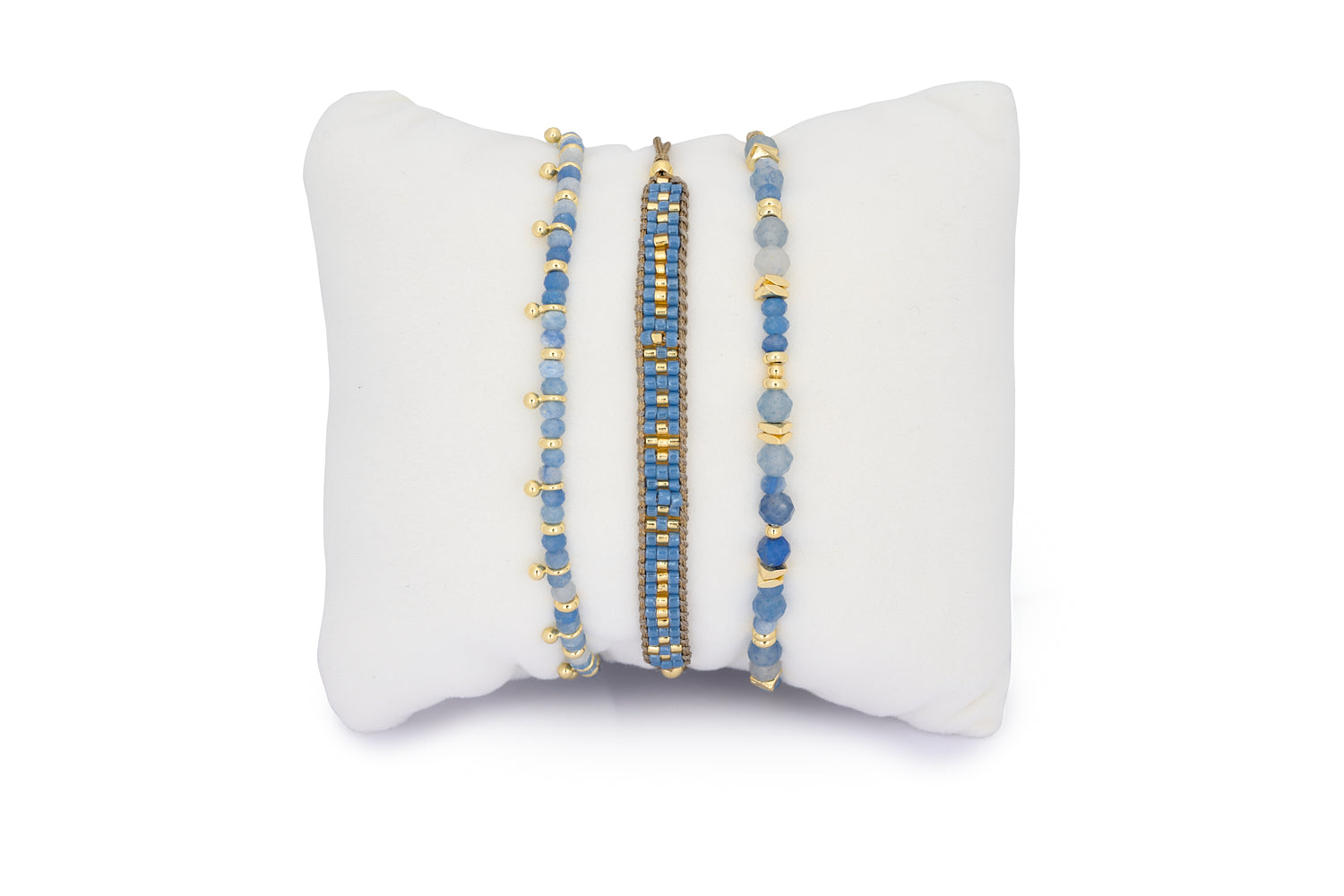 Abaco Blue Aventurine Gold Bracelet Stack featuring Miyuki beads, Blue Aventurine gemstones, and gold-plated accents in a trio of beaded bracelets.