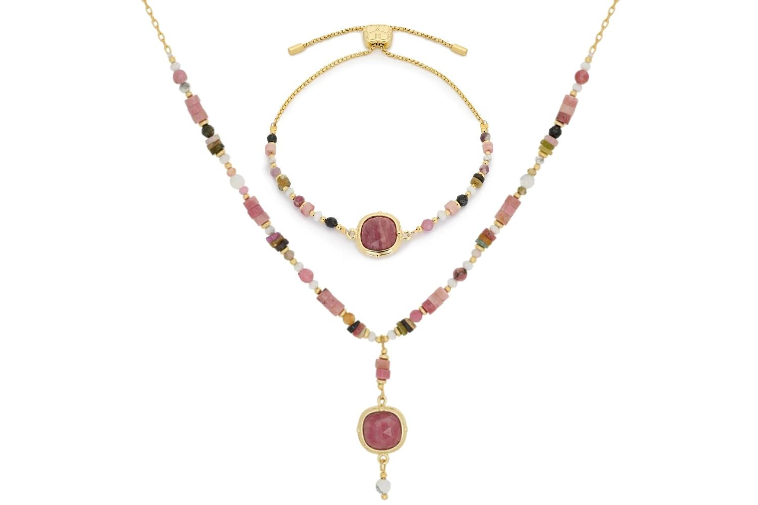 Adria Pink Tourmaline Necklace and Bracelet Set featuring faceted Pink Tourmaline gemstones, blush and earthy beads, and 12k gold-plated accents, perfect for October birthstone gifting.