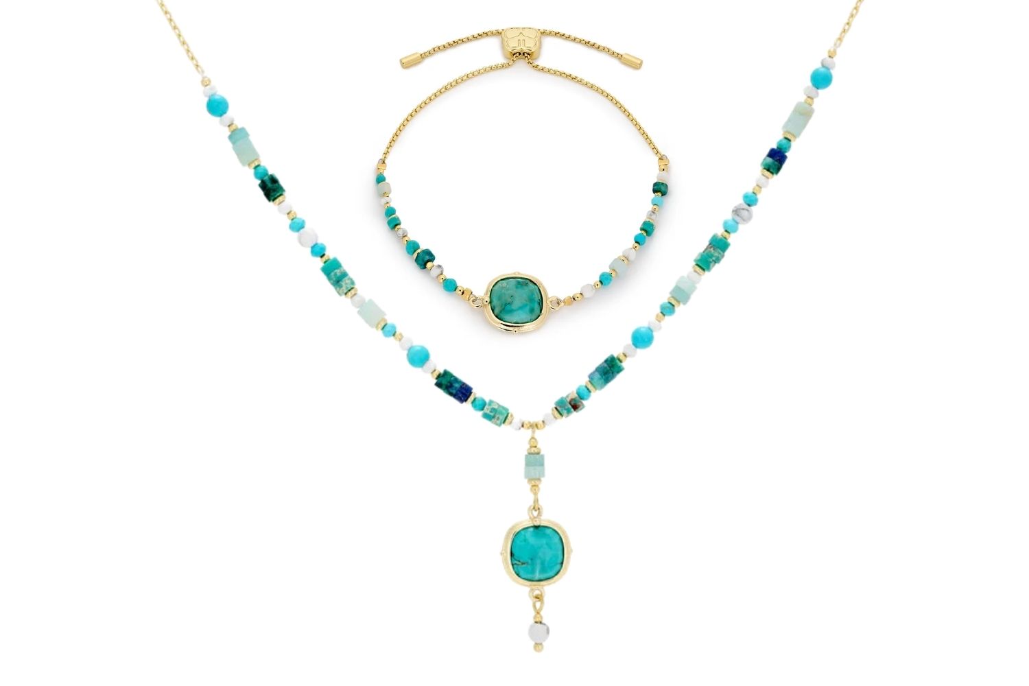 Adria Turquoise Necklace and Bracelet Set featuring Amazonite, Phoenix Lapis, and Turquoise Howlite gemstones with 12k gold-plated accents, perfect for summer jewellery or gifting.