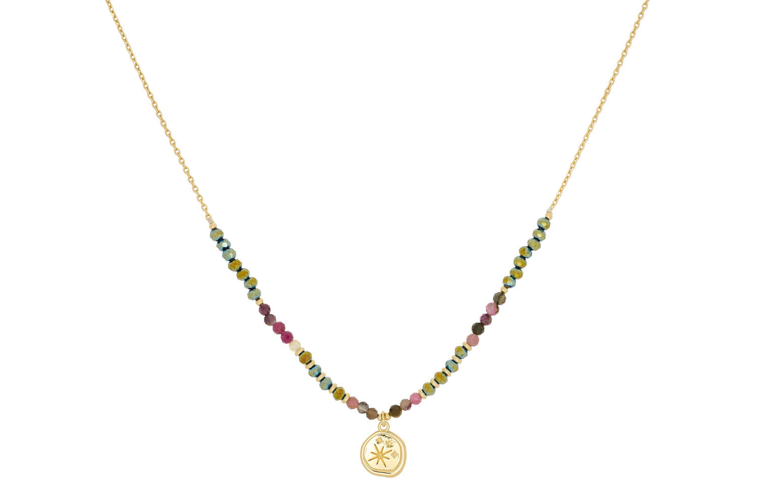 Allat Gold Tourmaline Beaded Pendant Necklace featuring vibrant tourmaline beads and a gold pendant engraved with star motifs, blending cosmic elegance and wanderlust charm.