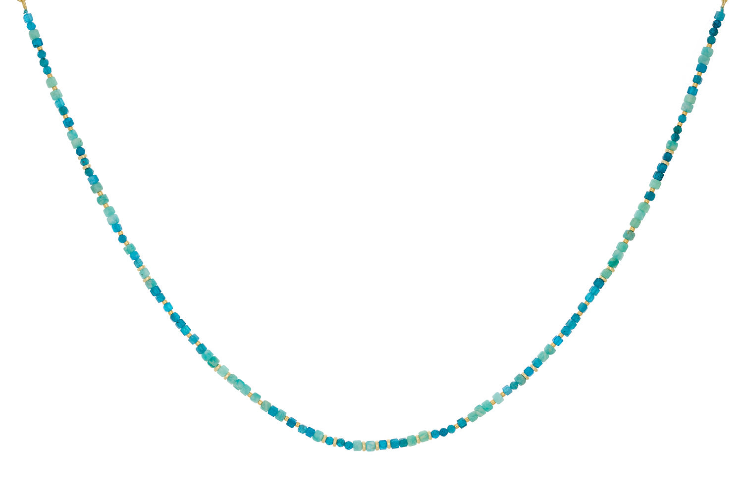 llegra Amazonite and Apatite Gold Necklace featuring vibrant aqua Amazonite and Apatite beads with 12k gold-plated accents and an adjustable clasp for layering or solo wear.