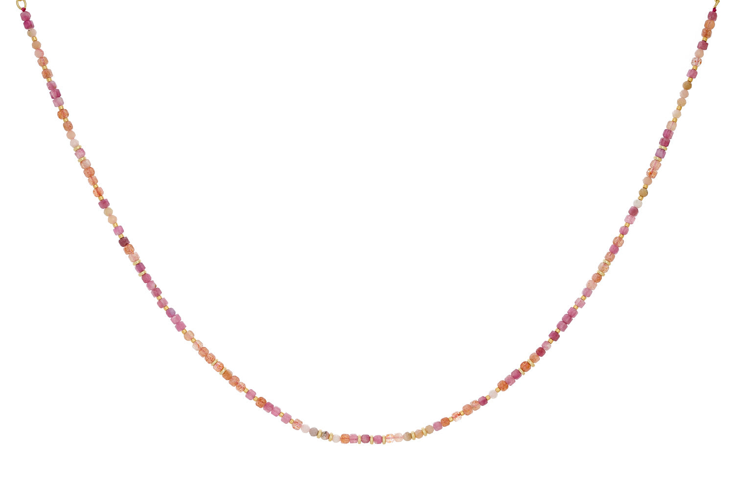 Allegra Gold & Pink Tourmaline Necklace featuring vibrant Pink Tourmaline, Sunstone, and Pink Opal gemstones with 12k gold-plated accents and an adjustable design.