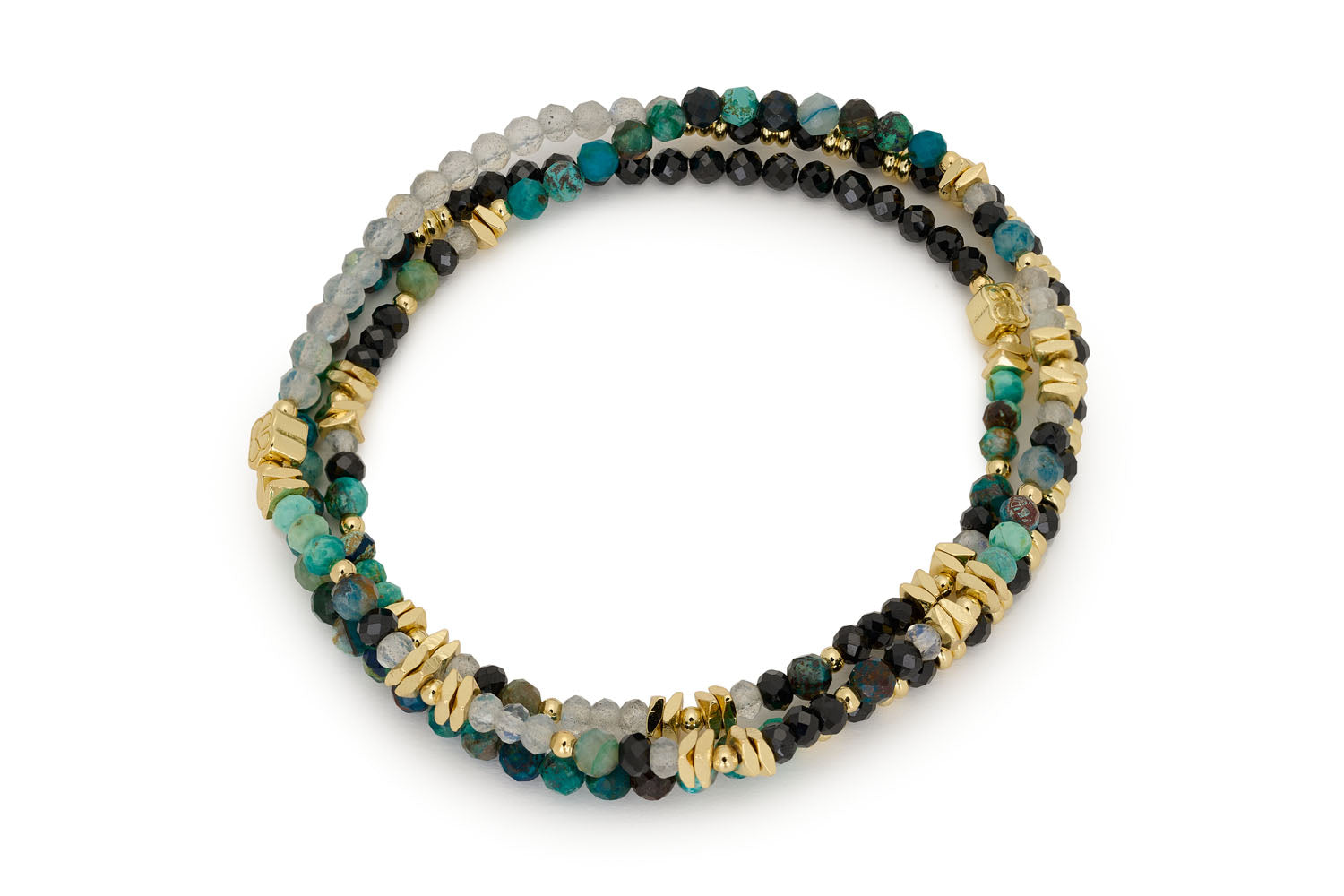 Amaryllis Gold & Azurite Beaded Wrap Bracelet featuring faceted Azurite beads, 12k gold plated brass accents, and a triple-wrap design.