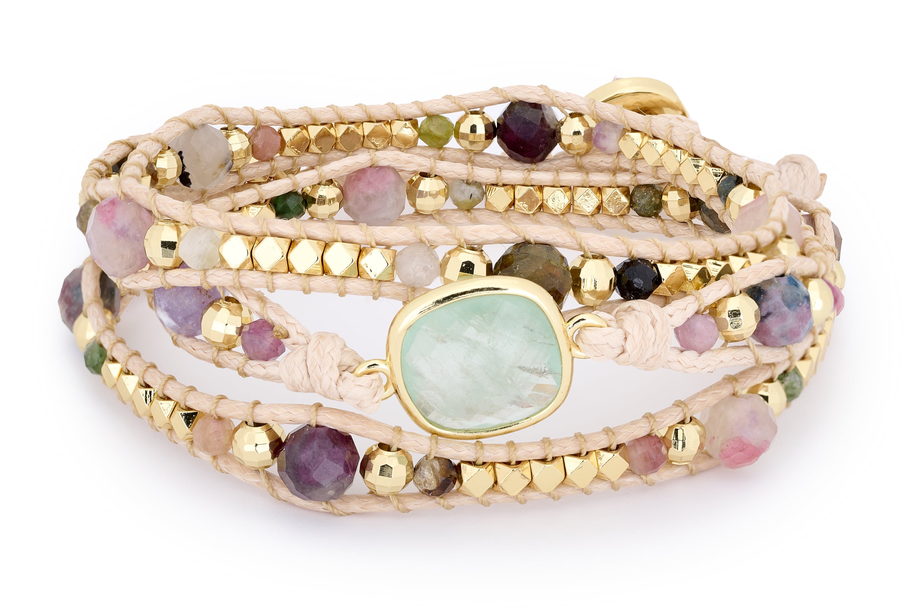 America Wrap Tourmaline Bracelet with pastel tourmaline gemstones and gold-plated hematite cubes, designed by Boho Betty.