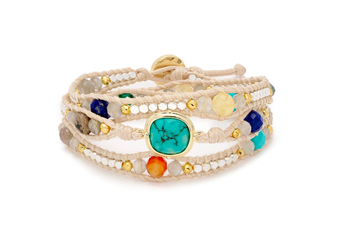 America Mixed Gemstone  Turquoise 3 Wrap Bracelet