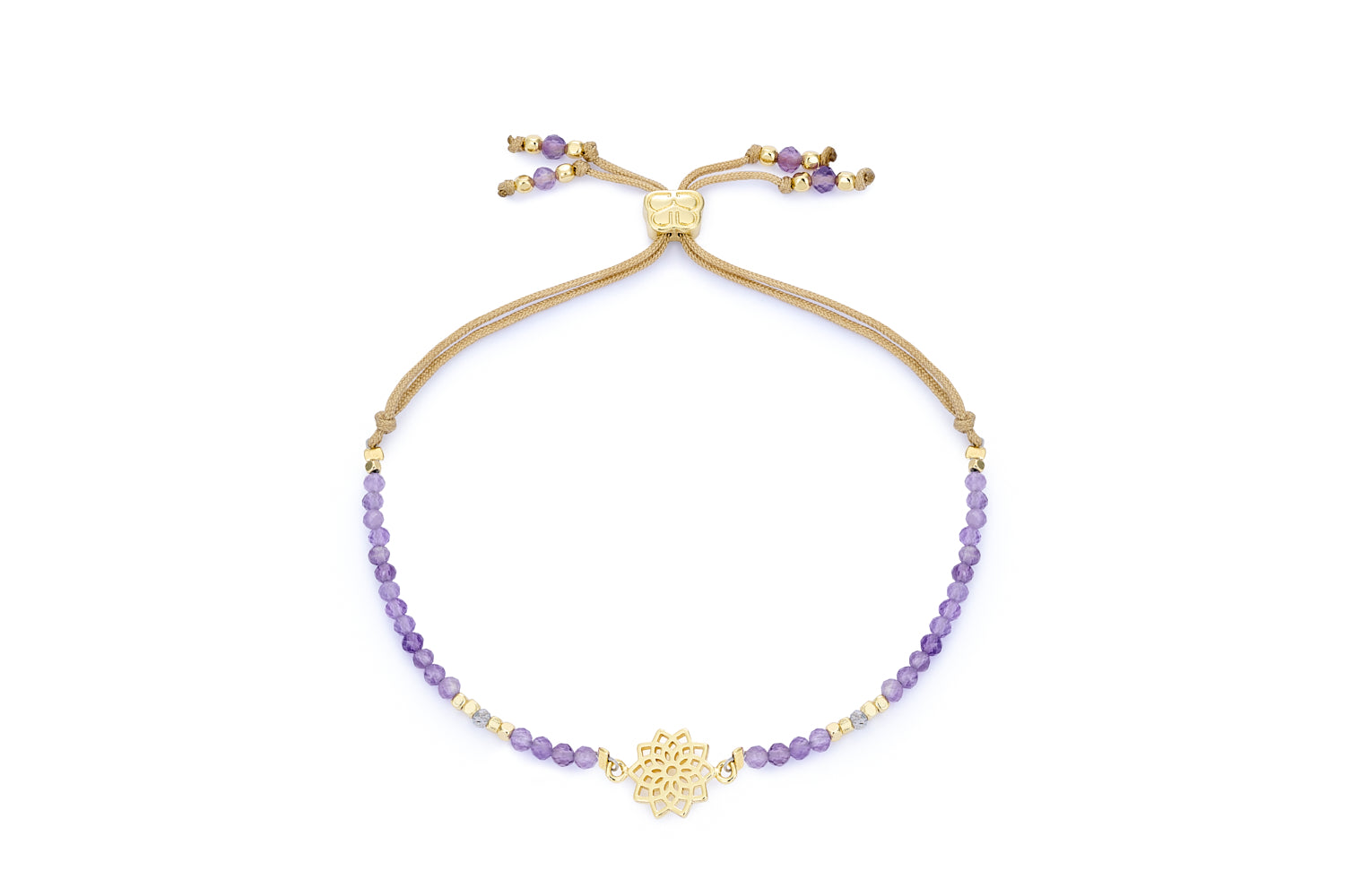 Amethyst, Labradorite & Gold Crown Chakra Bracelet featuring soothing violet amethyst and iridescent labradorite gemstone beads, a 12k gold-plated chakra charm, and an adjustable slider fastening for a comfortable, custom fit.