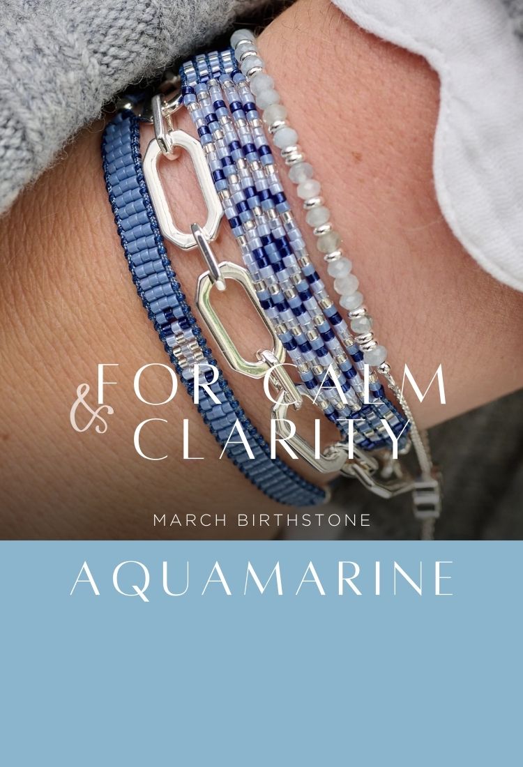 Aquamarine (said to bring calm and clarity) March birthstone bracelet, stacked with silver chain and miyuki beaded friendship bracelets