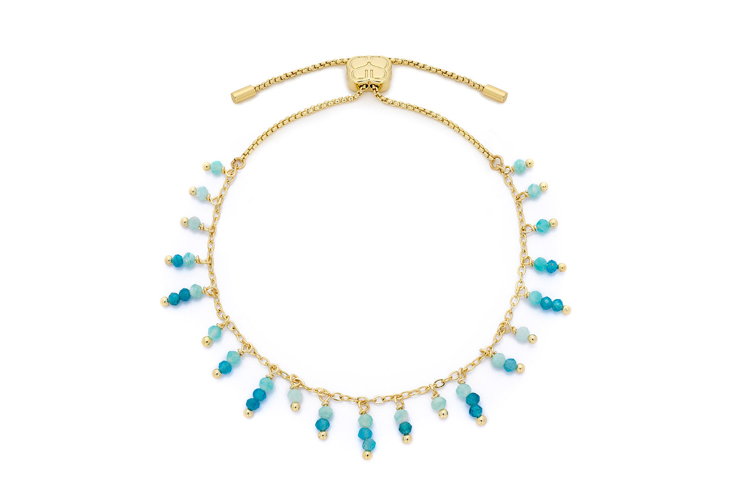 Arabella Apatite & Blue Topaz Gold Slider Bracelet featuring faceted Apatite and Blue Topaz gemstone beads, 12k gold-plated accents, and an adjustable thread slider.