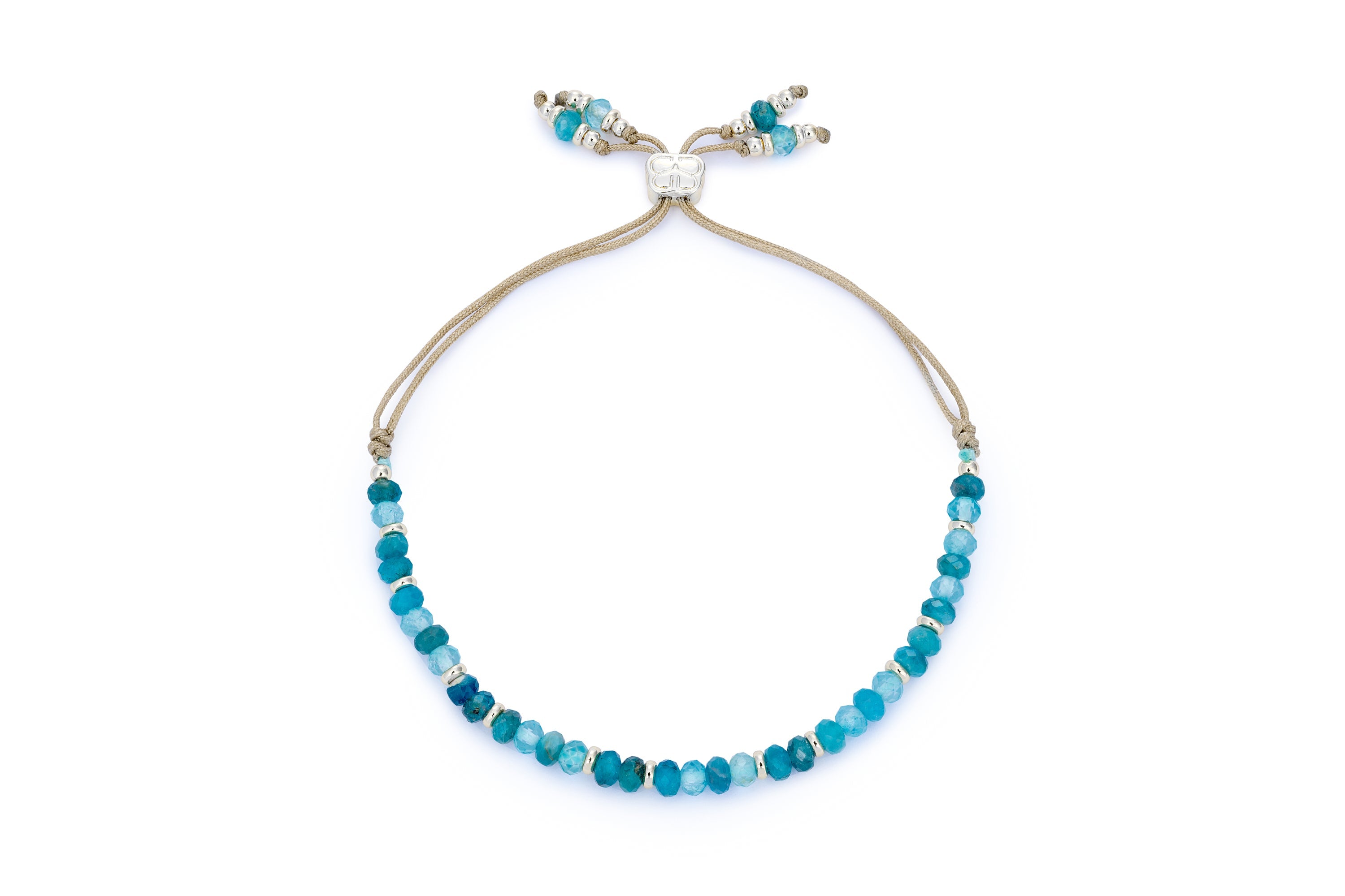 Arabella Apatite & Blue Topaz Silver Slider Bracelet featuring faceted Apatite and Blue Topaz gemstone beads, silver-plated accents, and an adjustable thread slider.