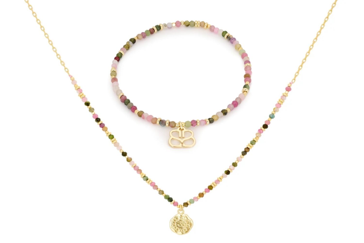 Arlene Tourmaline Necklace and Bracelet Set featuring vibrant multi-coloured tourmaline gemstones, 12k gold-plated accents, and a delicate Om pendant for spiritual and elegant styling.