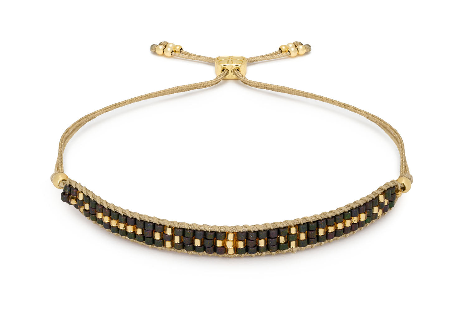 Aslan Gold & Black Beaded Friendship Bracelet featuring sleek black Miyuki beads and 12k gold-plated accents, with an adjustable slider design for a comfortable fit.