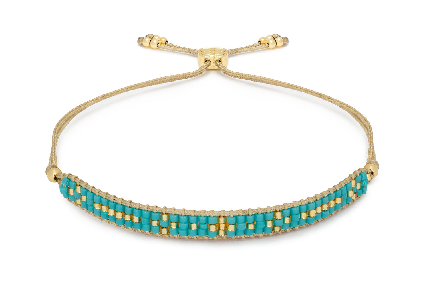 Aslan Gold & Turquoise Beaded Friendship Bracelet featuring three rows of Japanese Miyuki beads in vibrant turquoise and 12k gold-plated accents, with an adjustable slider design for a comfortable fit.