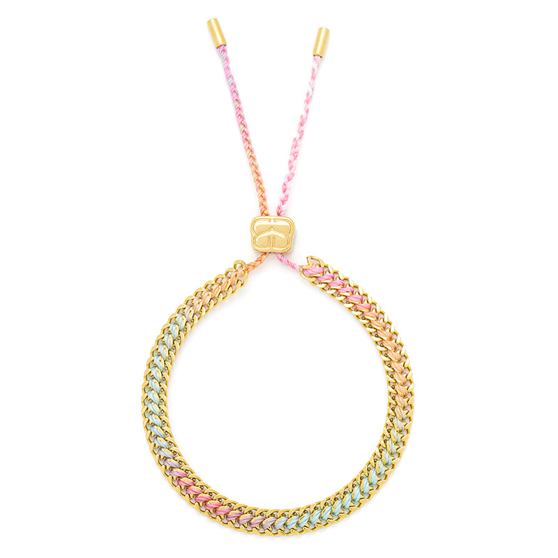 Athena Candy Gold Braided Bracelet styled on the wrist, featuring a candy ombre thread and gold curb chain accents, perfect for festival looks and boho chic style.