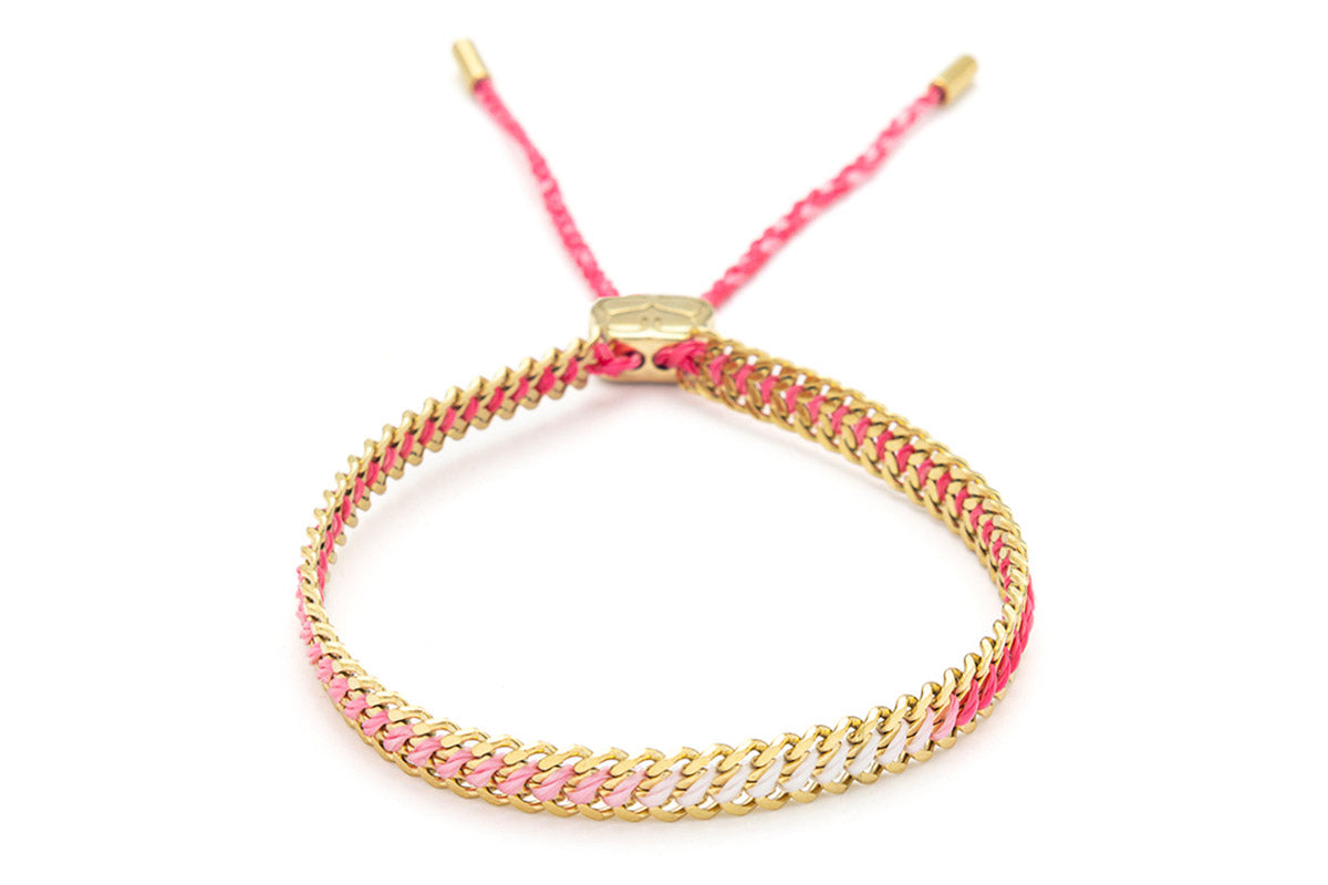 Athena Pink Gold Braided Bracelet featuring pink ombre thread and 14k gold-plated curb chain, inspired by tropical sunsets and blooming orchids, perfect for summer elegance.