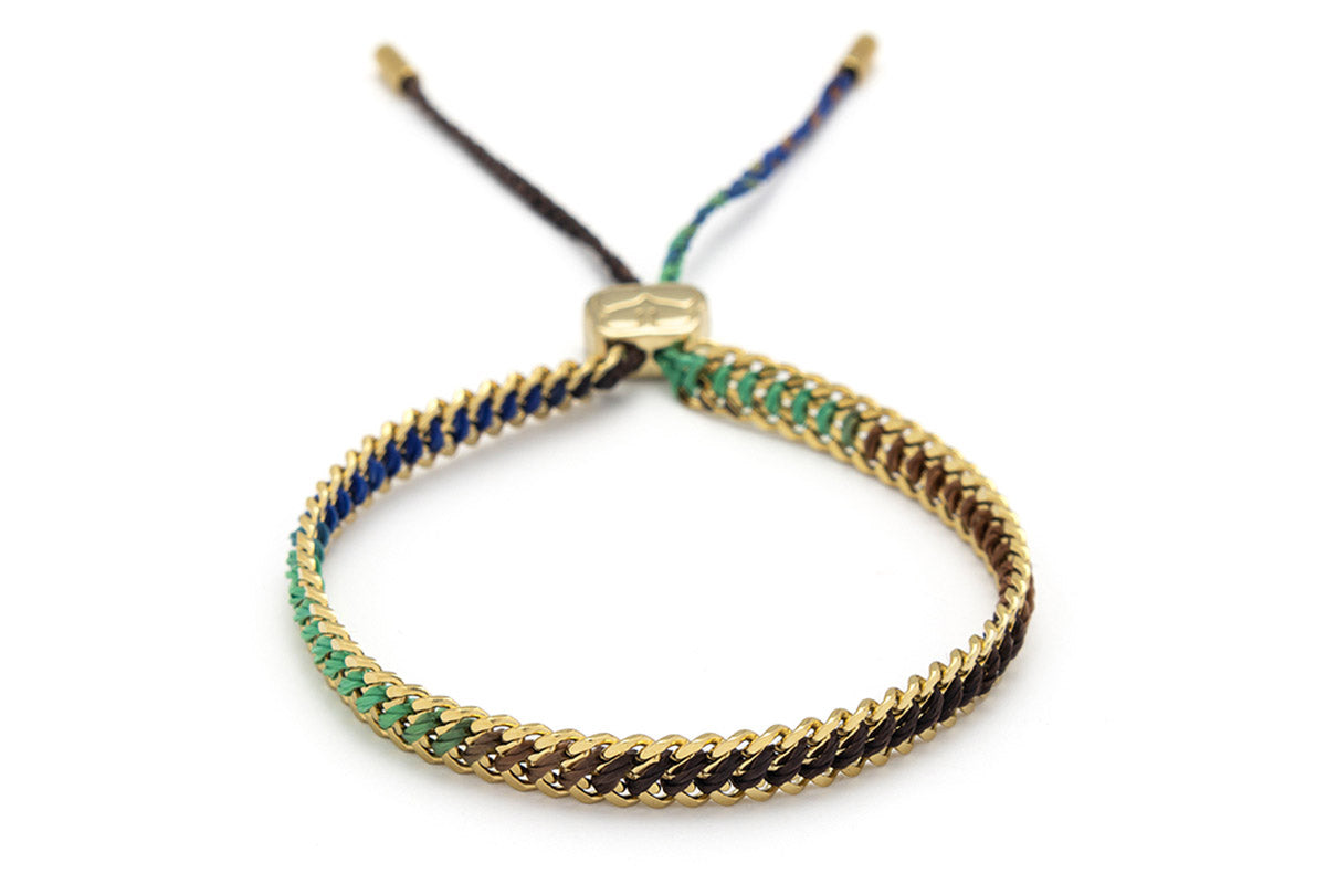 Athena Taupe and Green Gold Braided Bracelet featuring taupe and green ombre thread and 14k gold-plated curb chain, perfect for adding a touch of coastal charm to your summer look.