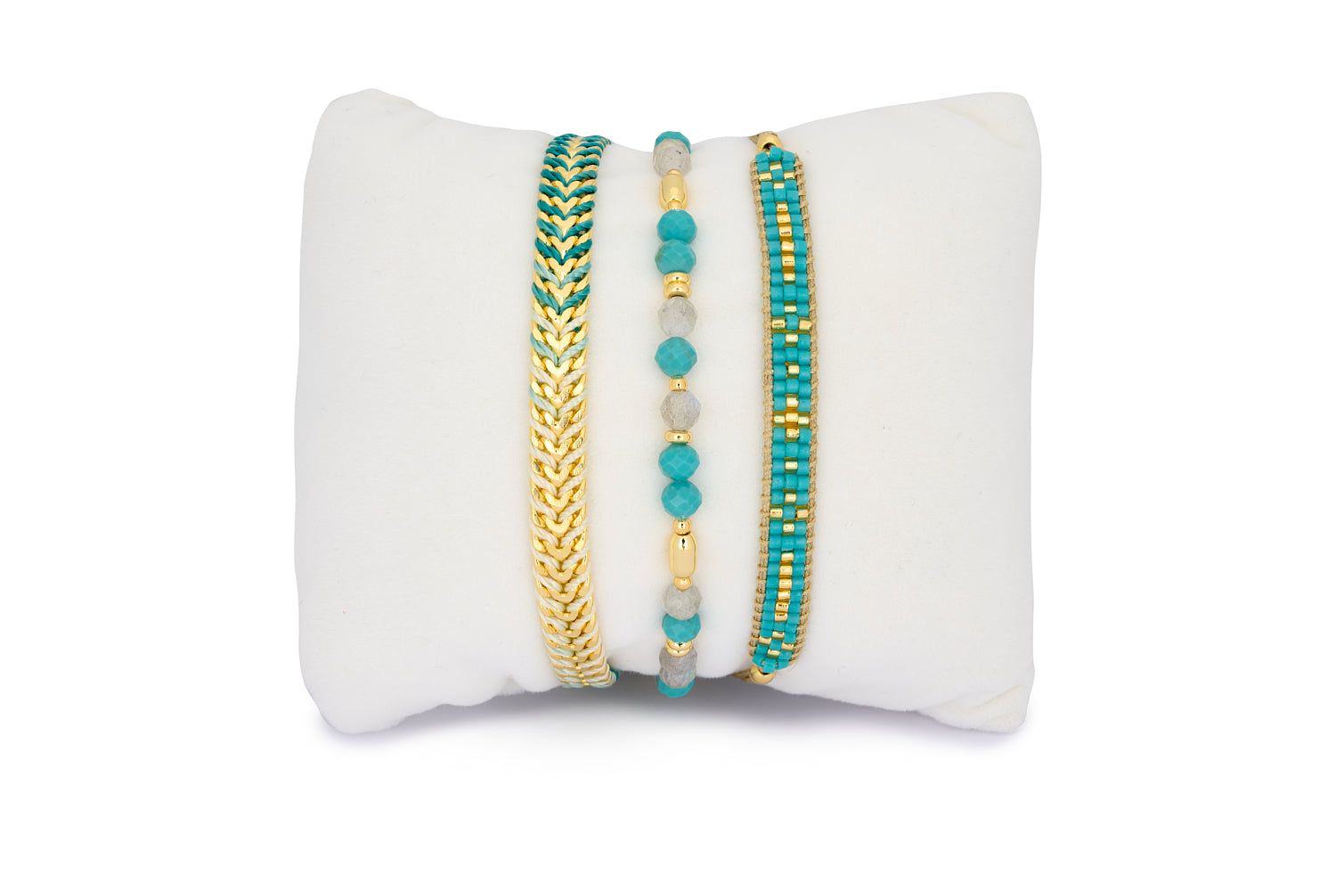 Baros Turquoise Gold Bracelet Stack featuring turquoise Miyuki beads, dyed Howlite, Labradorite gemstones, and gold-plated accents in a layered beaded design.