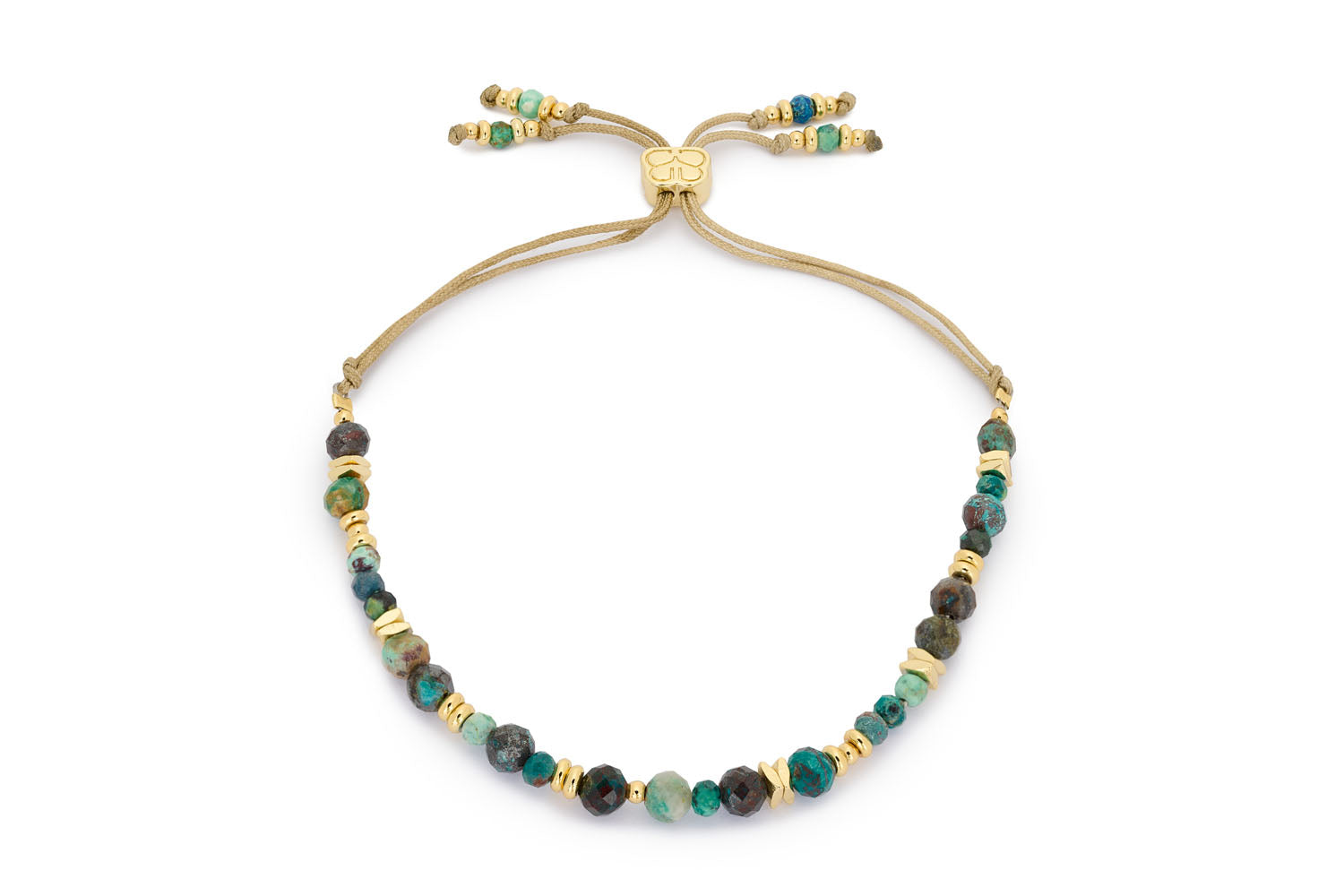 Bliss Gold Azurite Beaded Slider Bracelet featuring deep blue Azurite beads, 12k gold-plated brass accents, and an adjustable slider design for a comfortable fit.