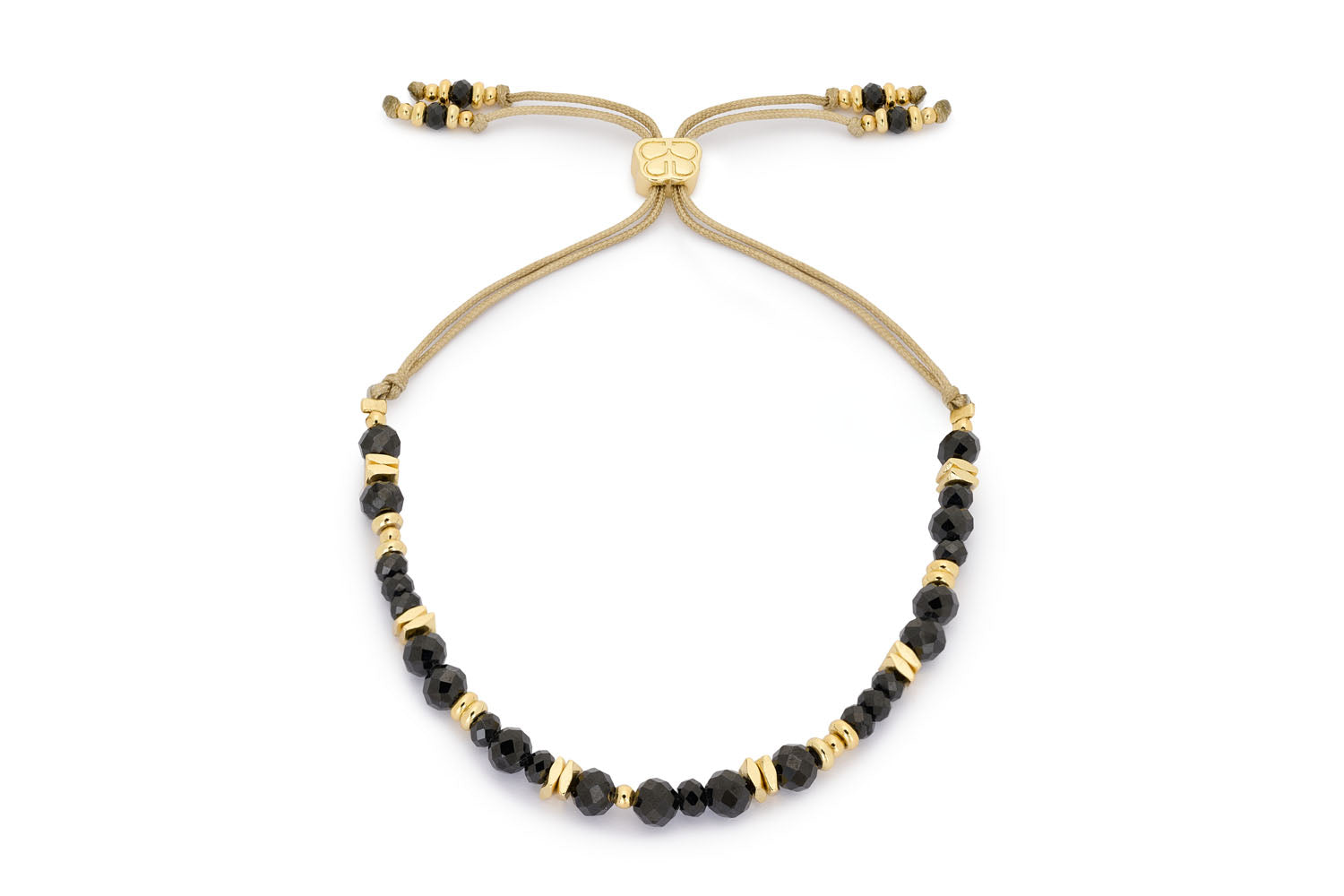 Bliss Gold & Black Spinel Beaded Slider Bracelet featuring deep Black Spinel beads and gold-plated accents with an adjustable slider design.