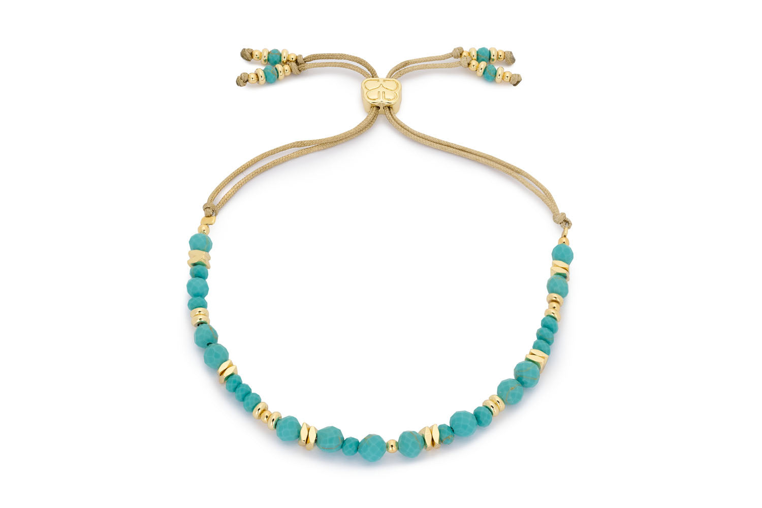 Bliss Gold Slider Turquoise Beaded Bracelet with faceted turquoise howlite stones and 12k gold-plated accents, adjustable with a thread slider.