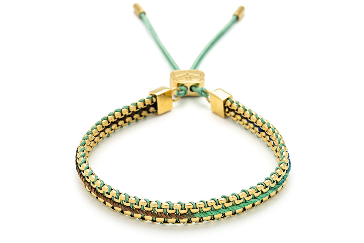 Bloom Gold, Taupe & Green Braided Bracelet featuring taupe and green ombre thread and 14k gold-plated snake chain, perfect for layering or gifting.