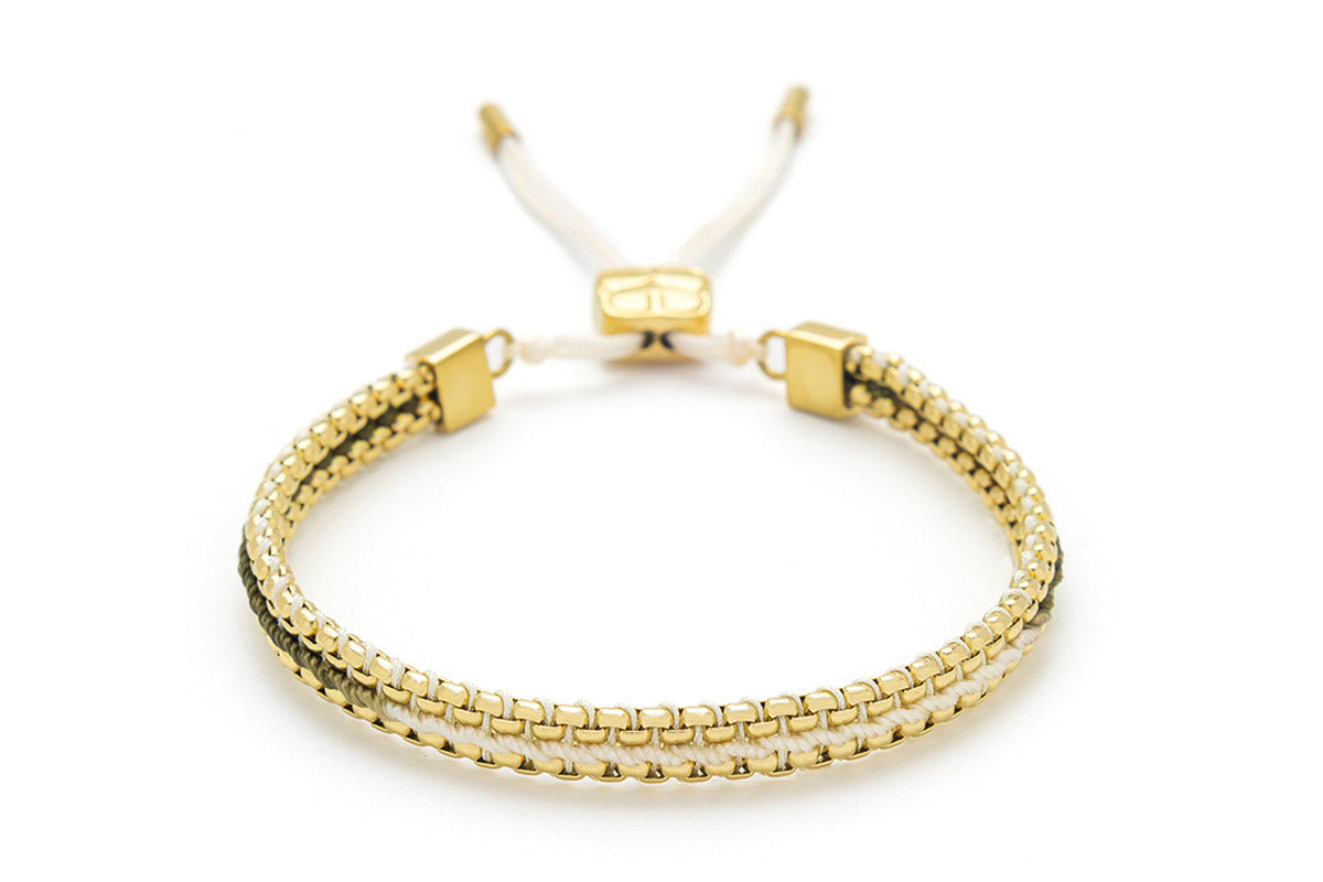 Bloom White & Gold Braided Bracelet featuring white ombre cord with 14k gold-plated snake chain accents, perfect for layering or gifting as vacay jewellery.