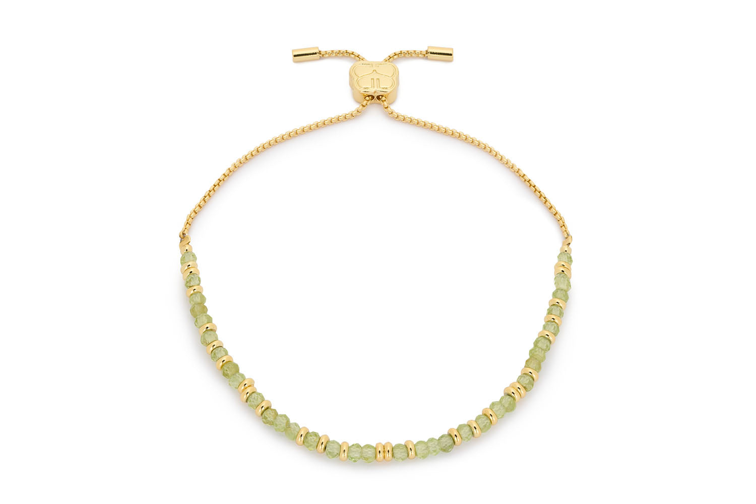 A luxurious gemstone bracelet featuring vibrant green peridot beads set against a chic 12k gold-plated brass slider. The adjustable slider design ensures a perfect fit for any wrist size, making it both elegant and practical.  