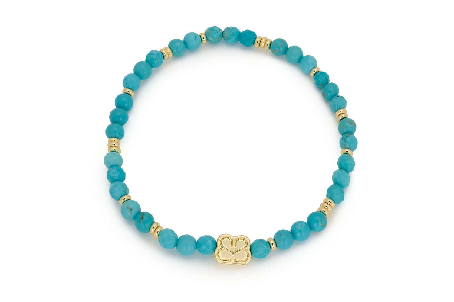 Boho Betty Turquoise Howlite bracelet featuring oceanic turquoise beads with gold accents, stretch design for easy wear, perfect for layering or solo style.