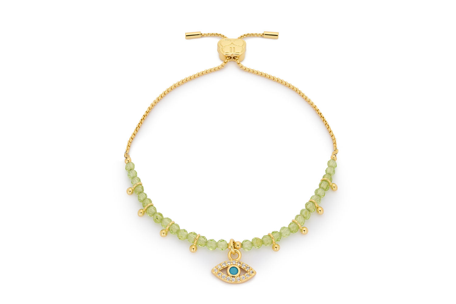 Brela Peridot Gold Bracelet featuring vibrant peridot beads and an enchanting evil eye charm, adjustable bead slider design, perfect for adding mystical vibes.