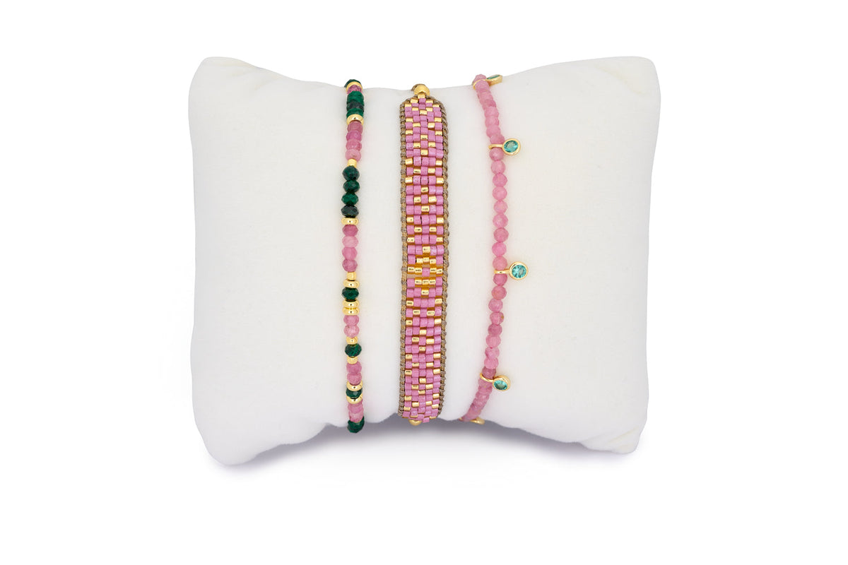 Budelli Gold, Pink Tourmaline, and Malachite Beaded Bracelet Stack