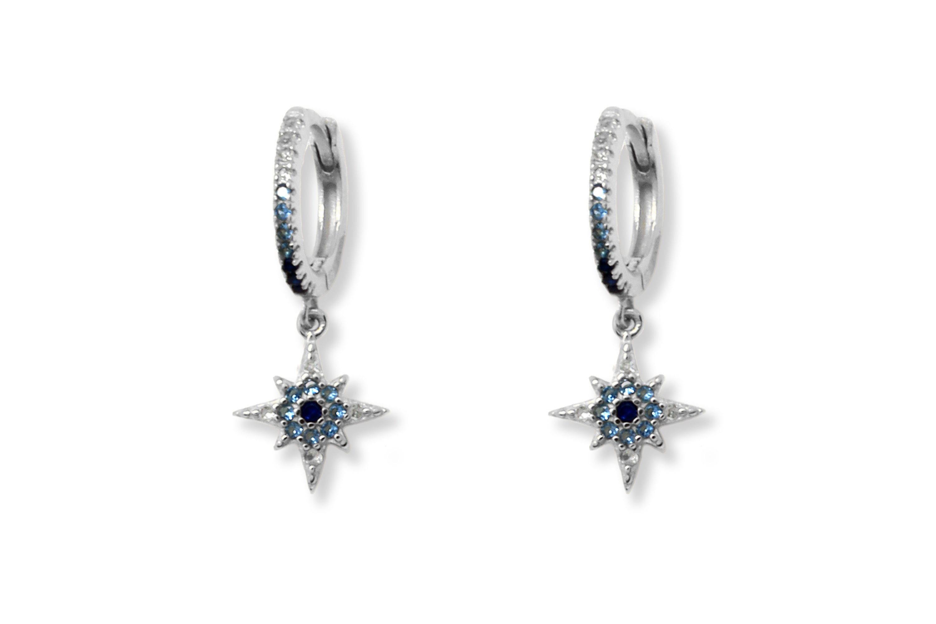 Cohan Blue Ombre CZ Star Sterling Silver Hoop Earrings featuring dangling CZ star charms with a blue ombre effect on 9mm hoops.