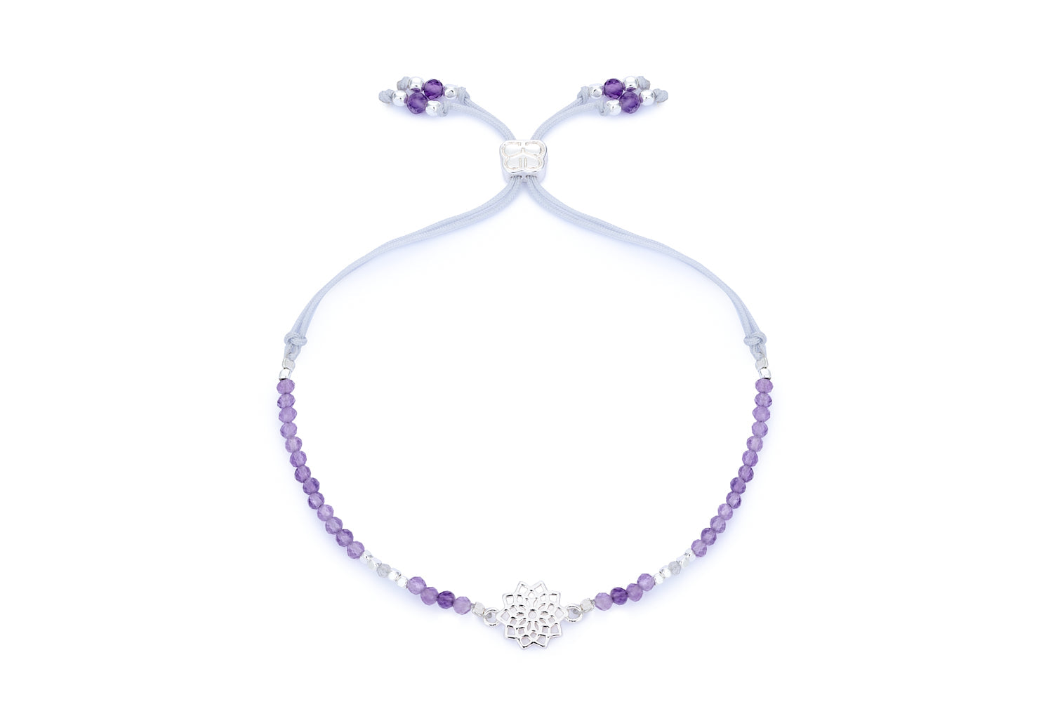 Crown Chakra Amethyst & Labradorite Silver Bracelet featuring soothing violet amethyst and iridescent labradorite gemstone beads, a sterling silver-plated chakra charm, and an adjustable slider fastening for a comfortable, custom fit.