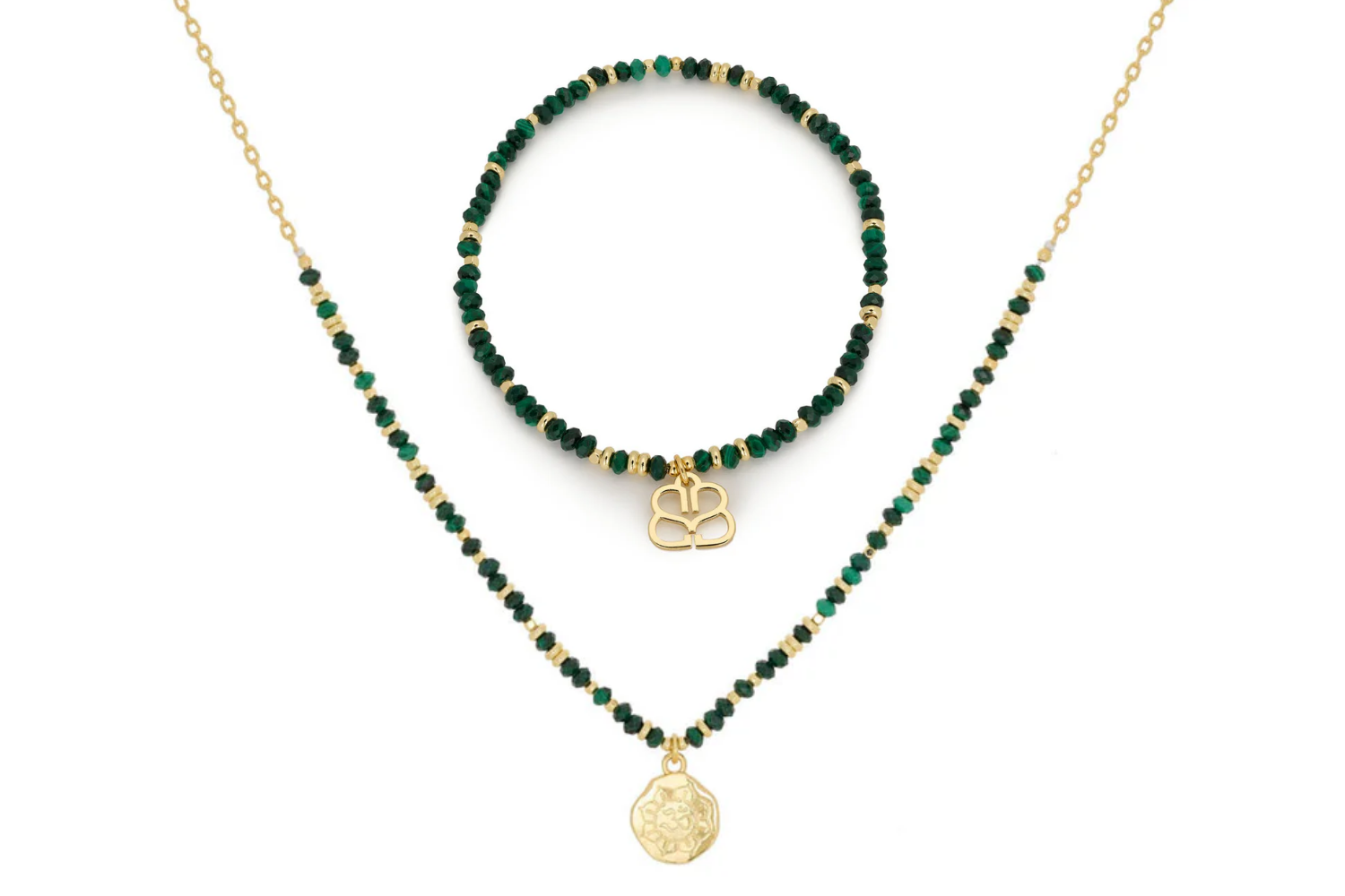 Dash Malachite Necklace and Bracelet Set featuring vibrant green malachite gemstone beads, 12k gold-plated accents, and adjustable designs for effortless elegance.