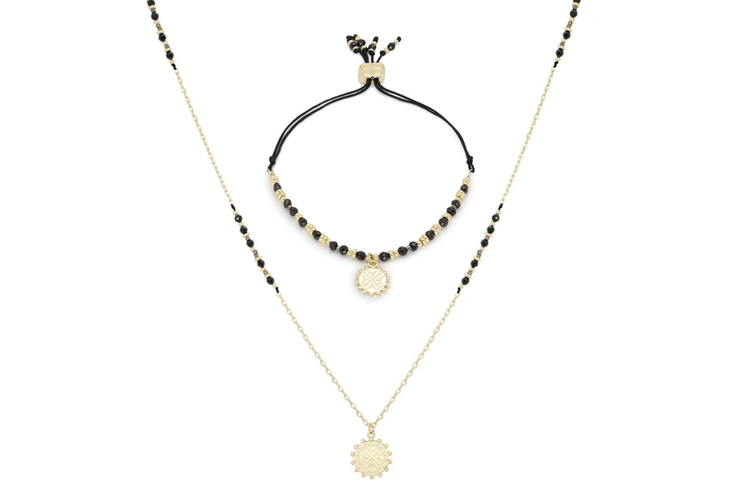 Ebony Black Spinel Necklace and Bracelet Set featuring faceted black spinel gemstones and 12k gold-plated accents, designed for modern and versatile jewellery styling.