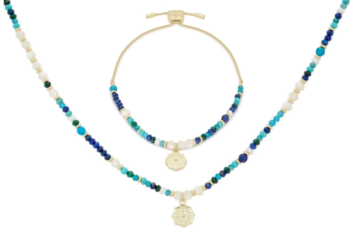 Faithful Turquoise and Lapis Gold Necklace and Bracelet Set