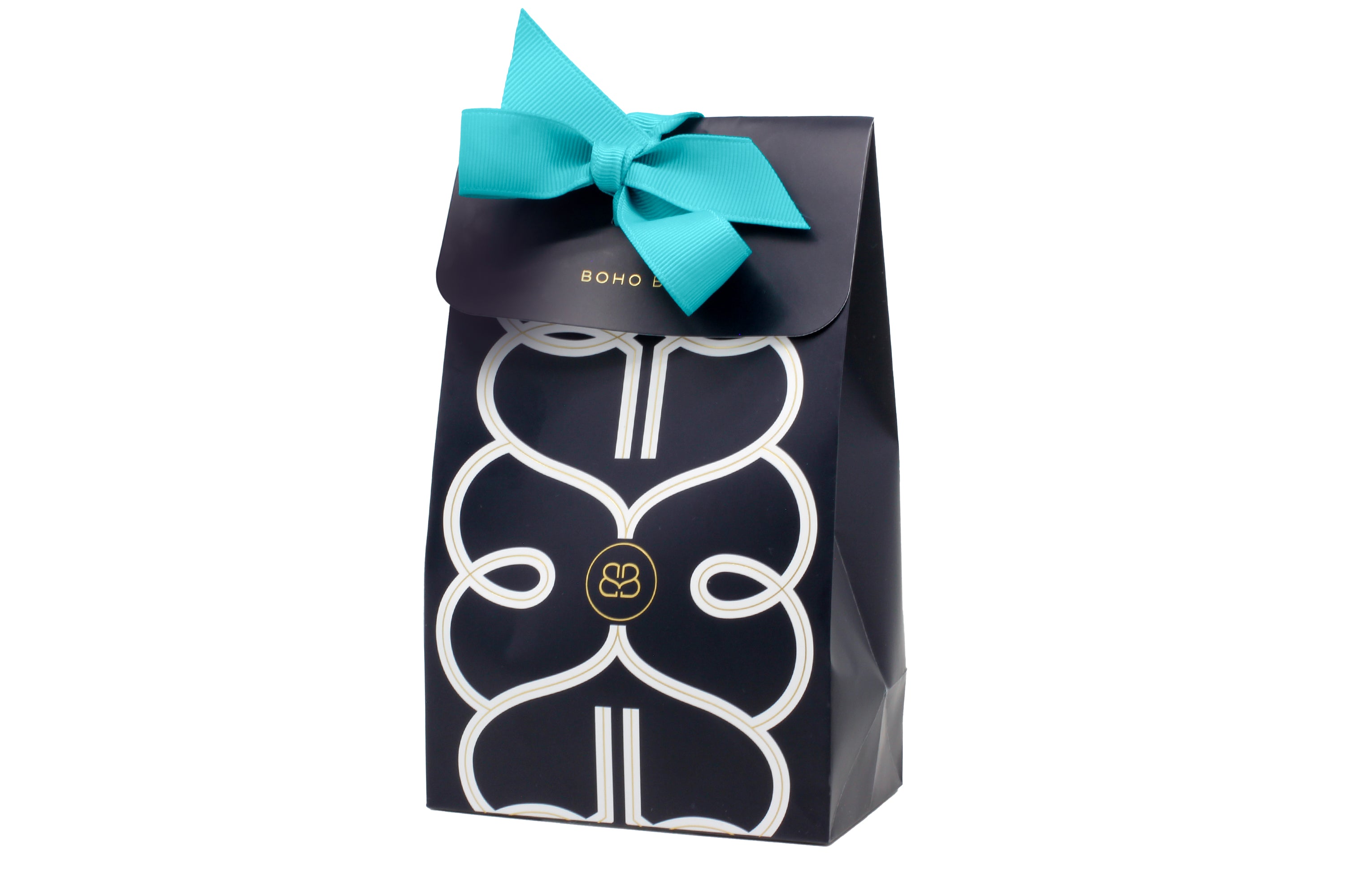 Boho Betty luxury jewellery gift packaging, navy blue packaging options with contrast turquoise bowsand iconic Boho Betty logo design. 