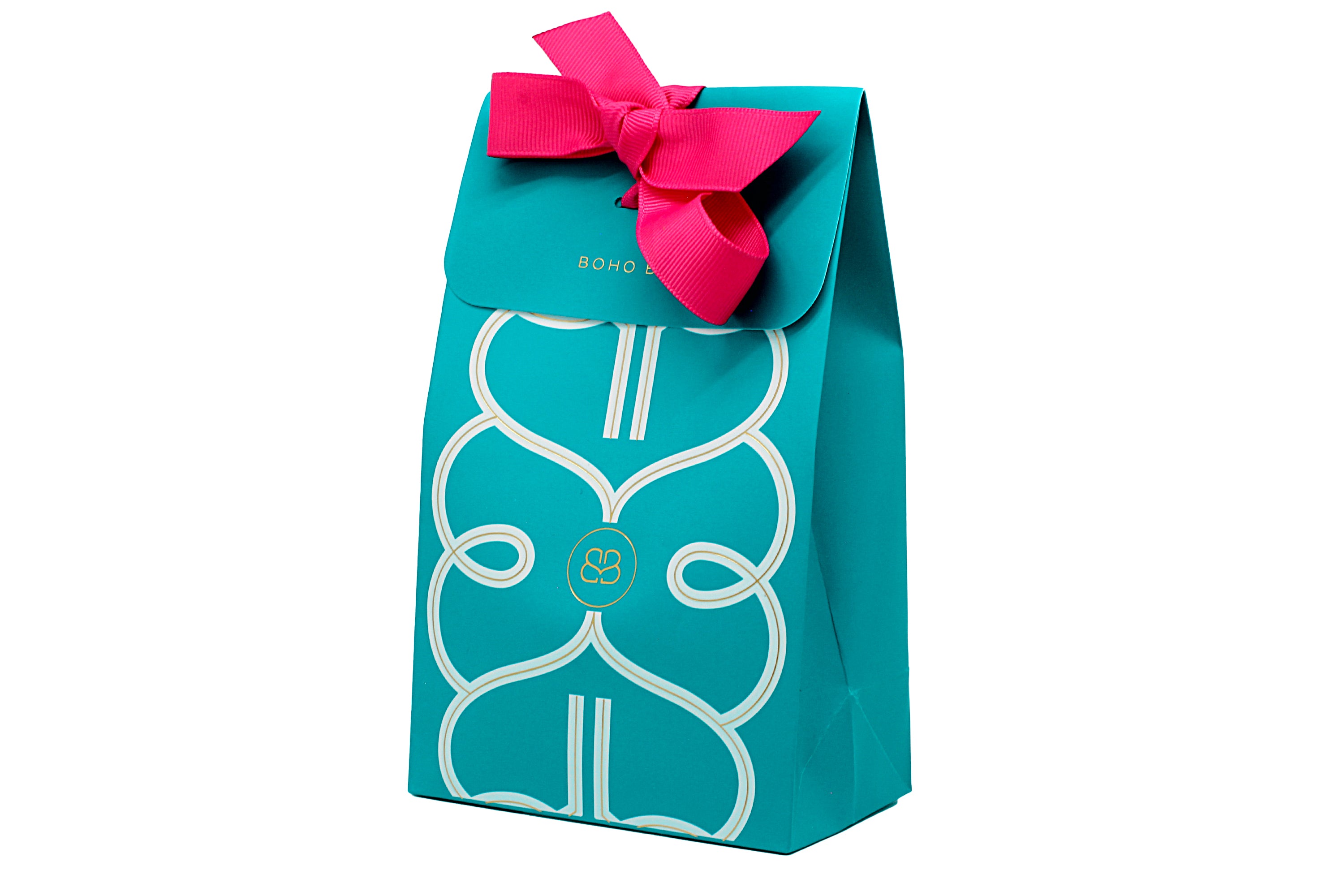 Boho Bettyluxury  jewellery gift packaging in vibrant turquoise with pink contrast bows and iconic Boho Betty logo design. 