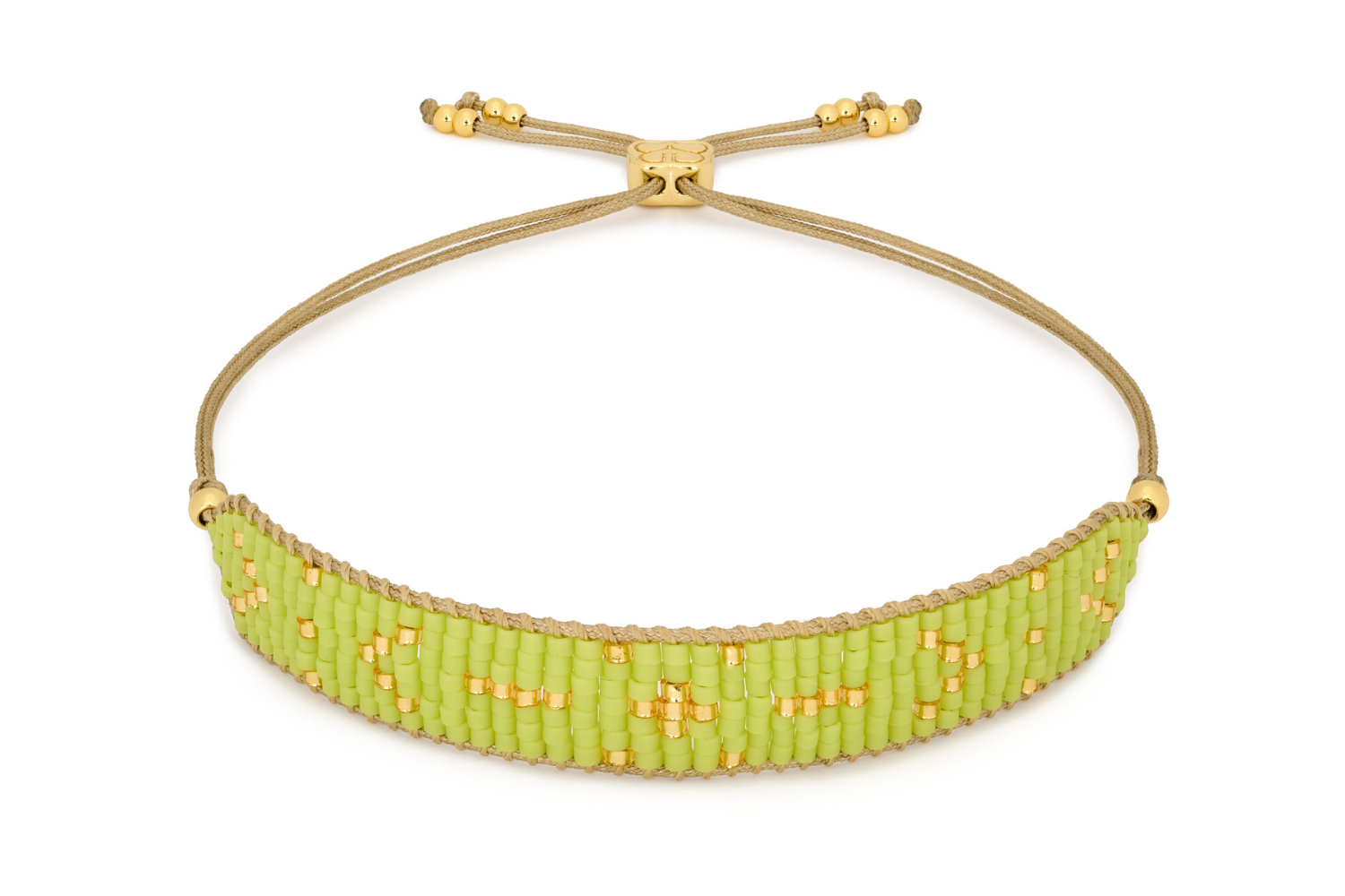 Grace Gold & Lime Beaded Friendship Bracelet featuring seven rows of vibrant lime green Miyuki beads and 12k gold-plated accents, with an adjustable slider design for a comfortable fit.