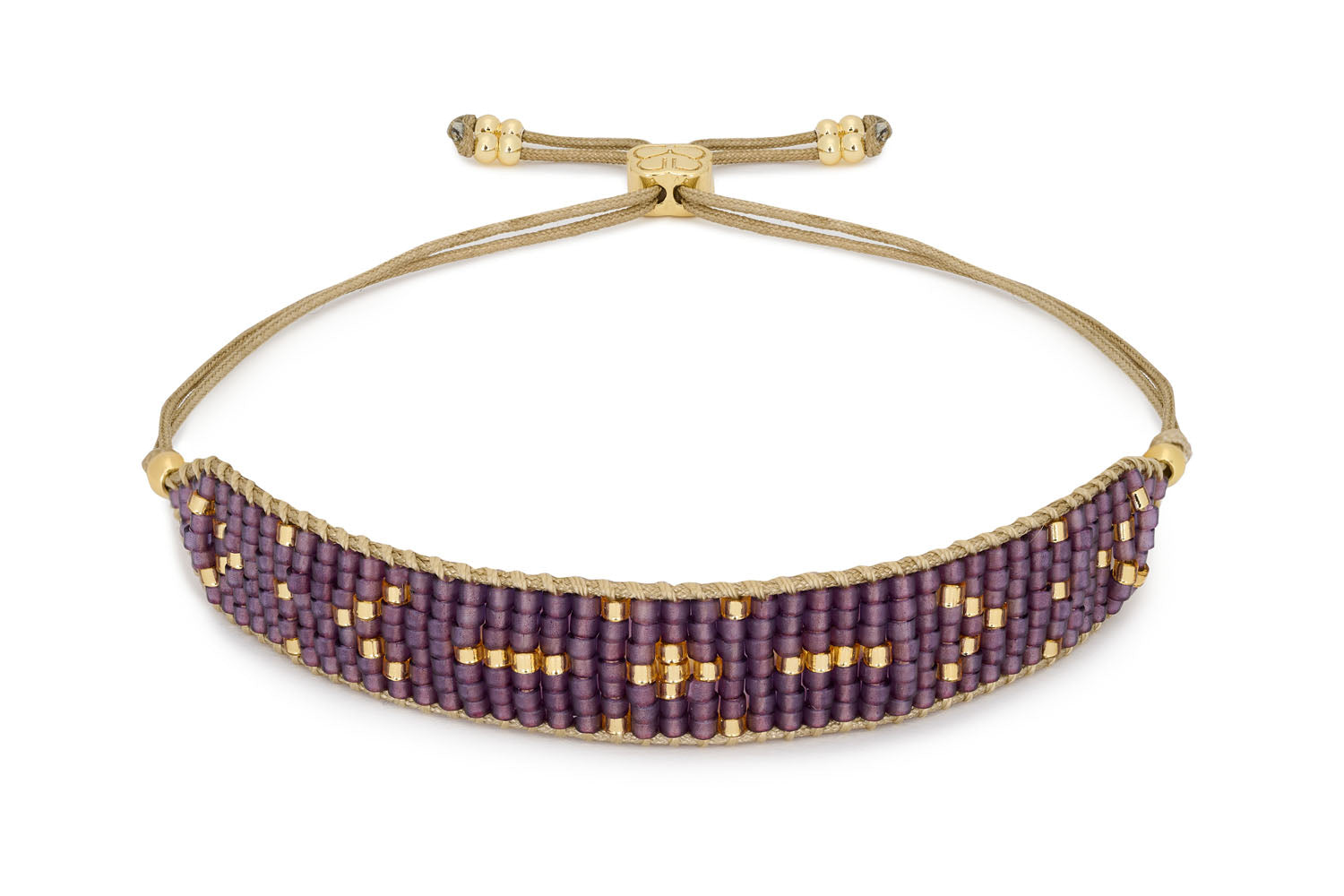 Grace Mulberry Beaded Friendship Bracelet featuring seven rows of hand-threaded Japanese Miyuki beads in rich mulberry tones, accented with 12k gold-plated elements, and a gold slider for an adjustable fit.