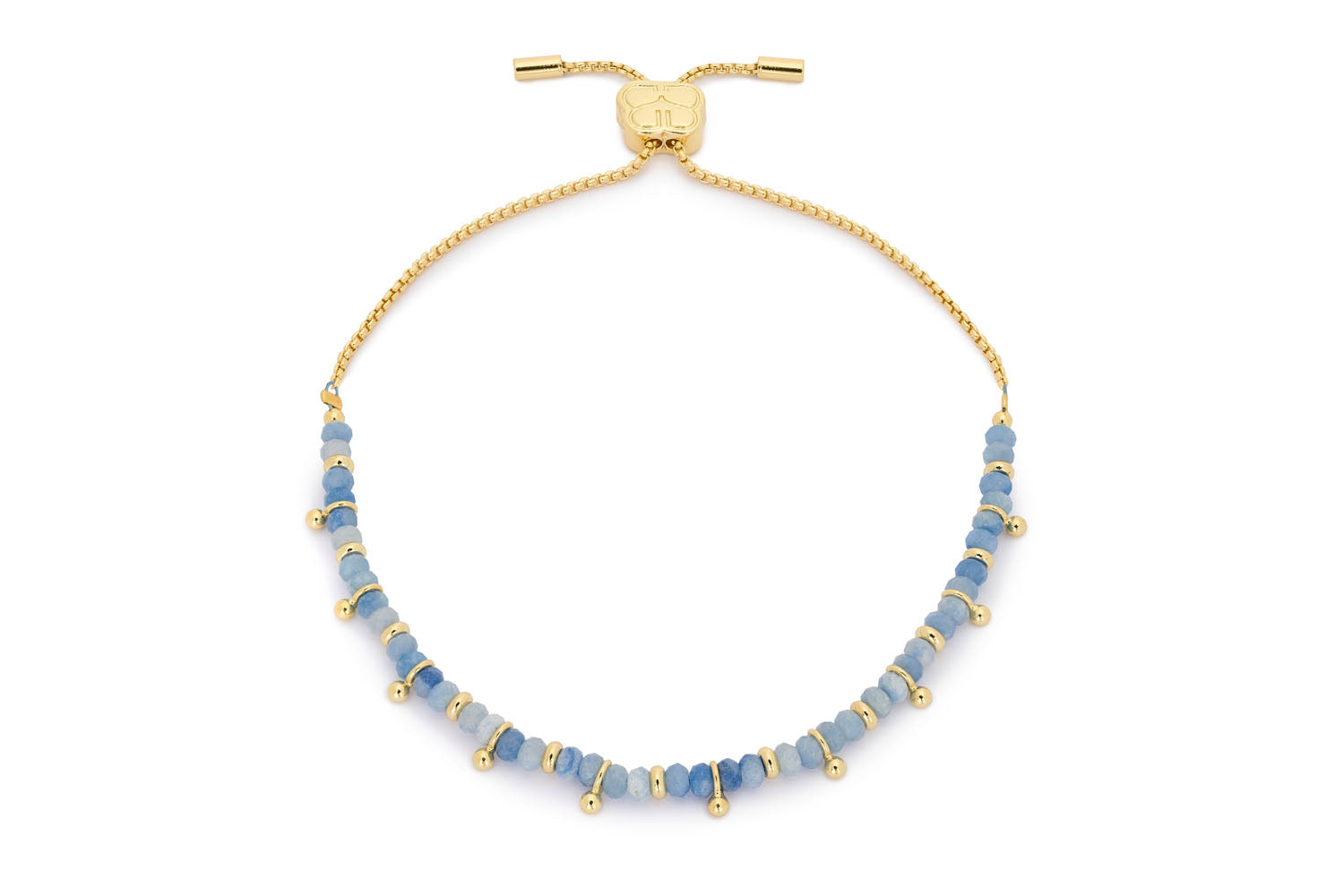 Harmony Blue Aventurine Gold Bracelet featuring calming blue Aventurine gemstones, 12k gold plating on brass, and an adjustable slider design for a comfortable fit.